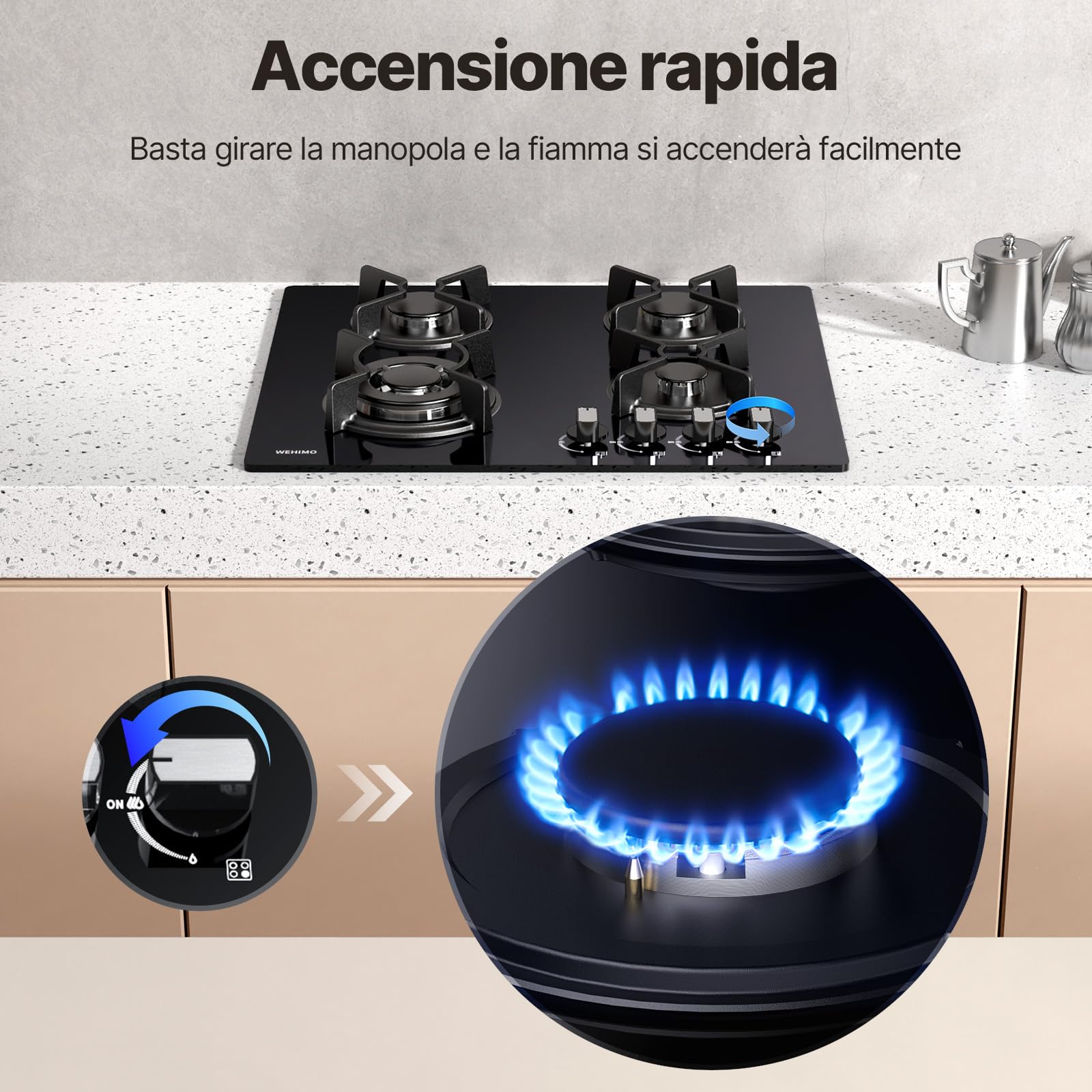 WEHIMO Piano Cottura a Gas 4 Fuochi da Incasso, 60cm, 7800W, Protezione Flame-Out, Gas Naturale/Propano/Butano, Vetro Nero