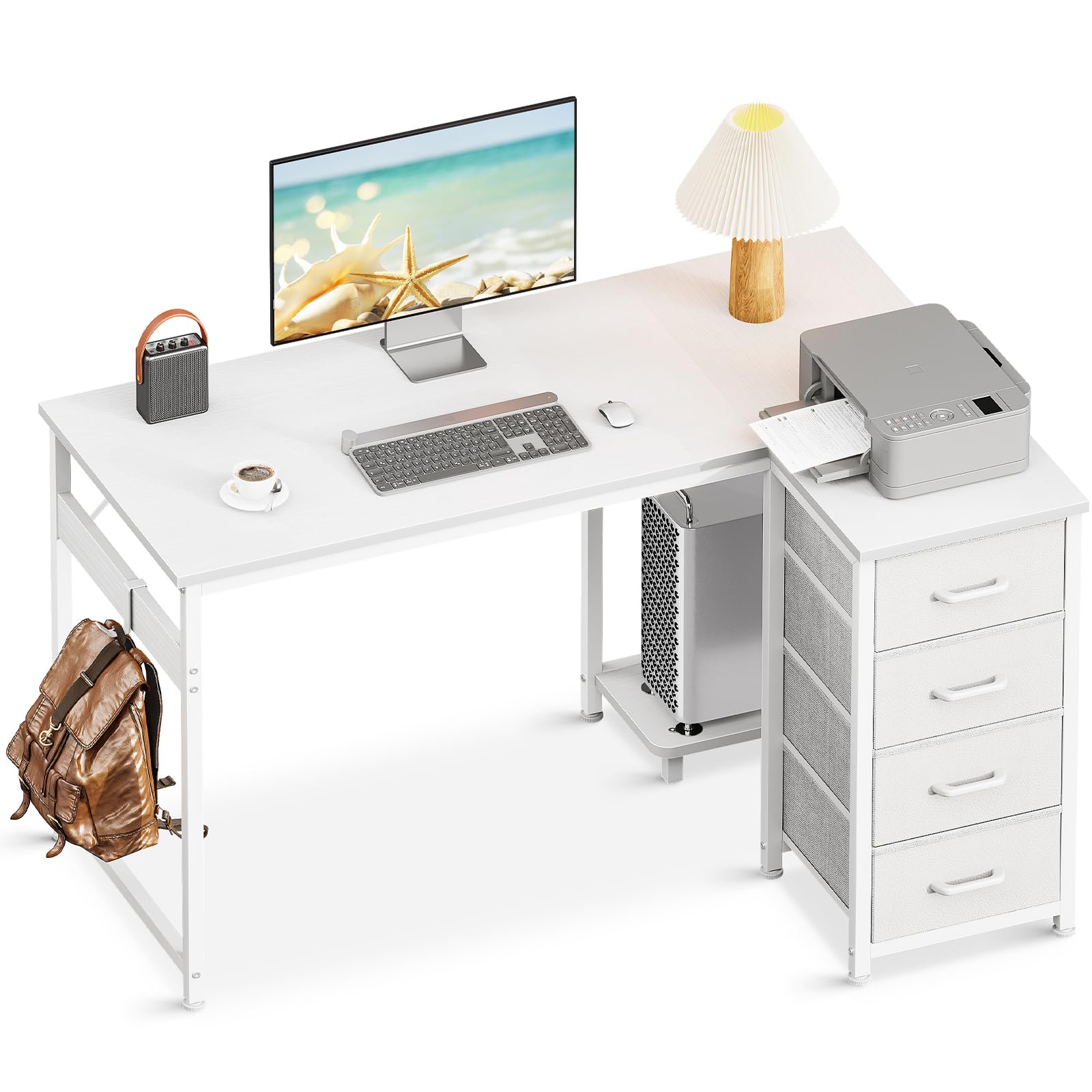 MOTPK White Desk with 4 File Drawers, 40" L Shaped Computer Desk with Storage, Home Office Desk with Hooks, Corner Desk for Working, Studying, White