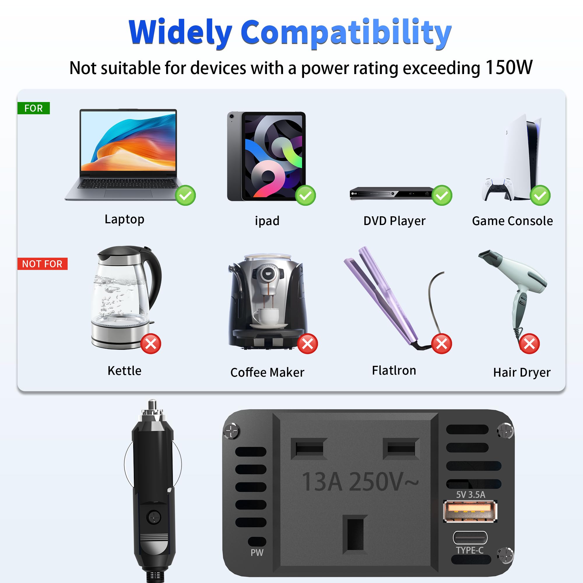 300W Car Power Inverter 12V to 230V/240V Converter, Car Charger Lighter Adapter USB-A and USB-C 3A Charging Ports - Blue Aluminum Body - 3
