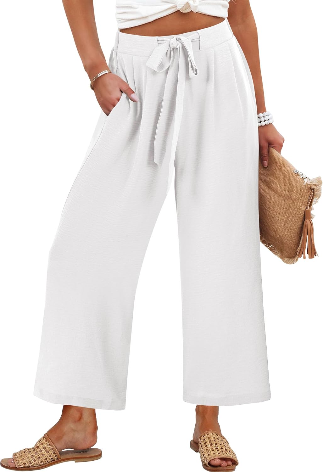 Caracilia Womens Wide Leg Palazzo Pants Cropped High Waisted 2026 Summer Casual Loose Lounge Flowy Travel Work Trousers