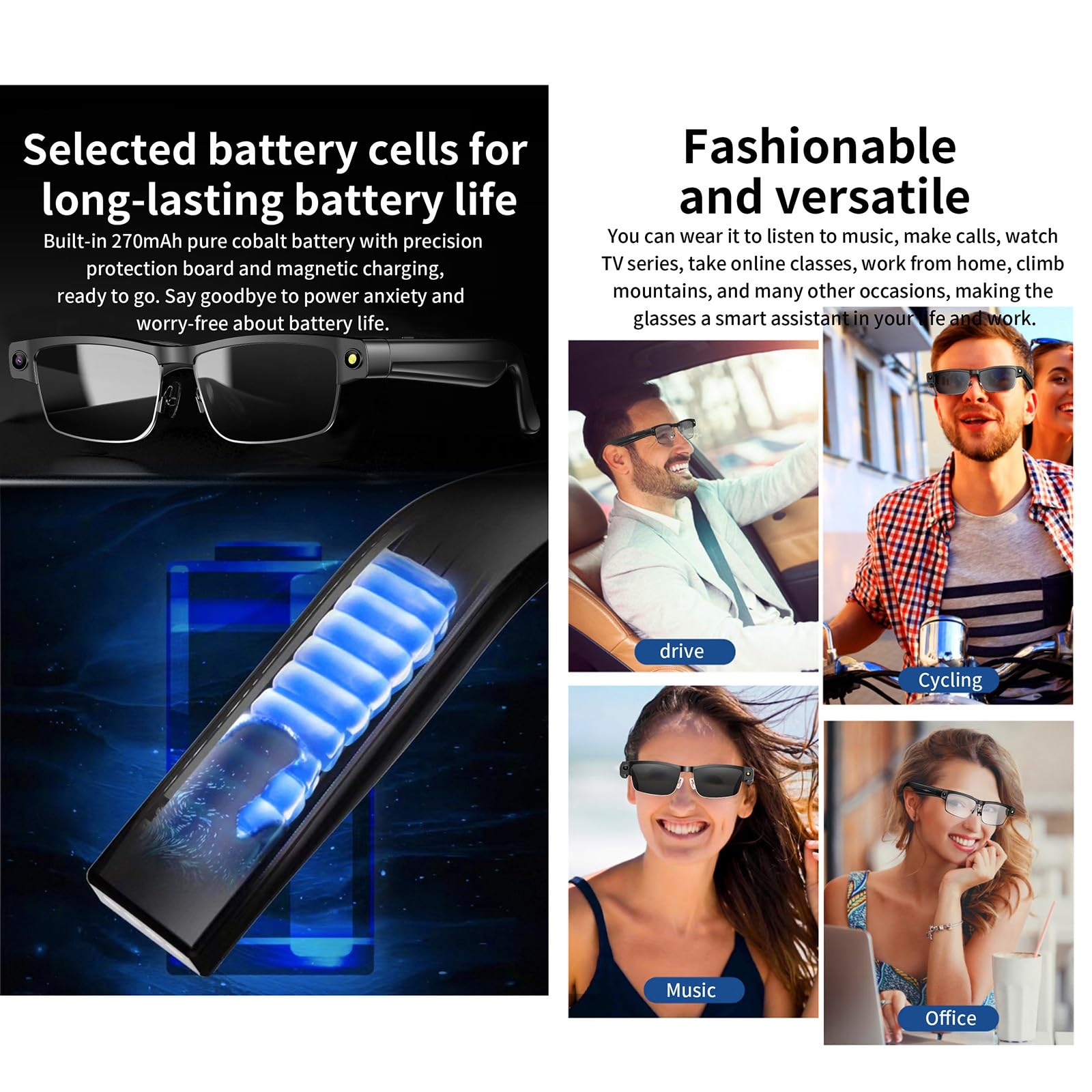 8MP Gafas Con Cámara, Gafas Inteligentes Con IA, Con Traducción En Tiempo Real Y Reconocimiento De Objetos, Estabilización De 1200p, Compatible Con IOS/Android, Para Viajes Y Negocios(White)