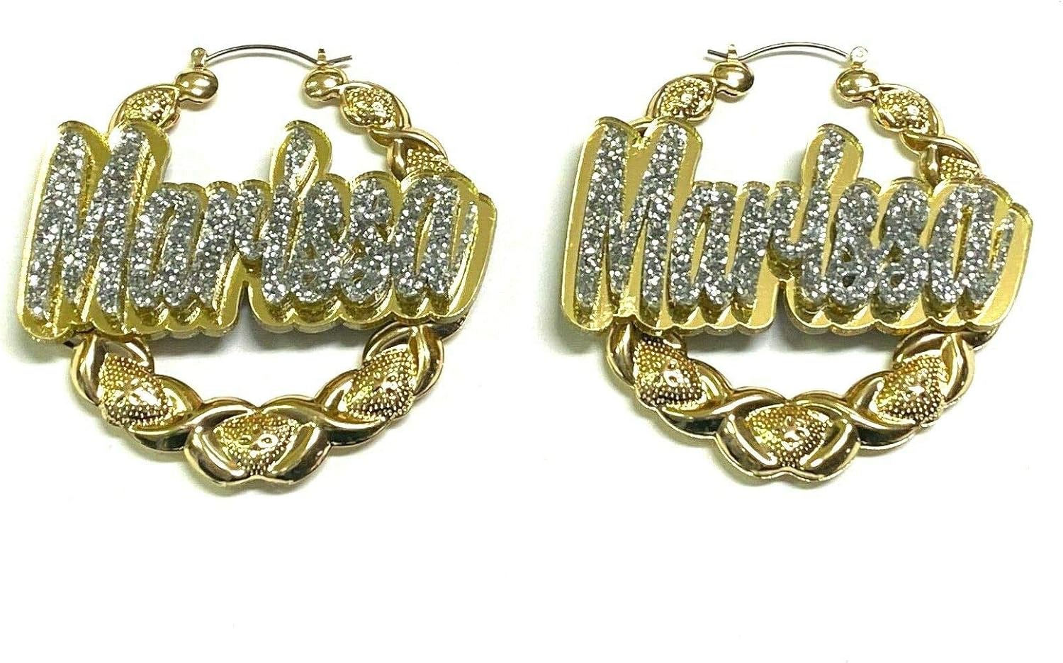 Personalized Custom Gold XOXO Hoop 2.5" Size Earrings Name Plate Laser Cut Diamond Look Script Cursive Design Stunning Look - Quality, Attractive Gold XOXO Earrings, Made To Order - Any Name