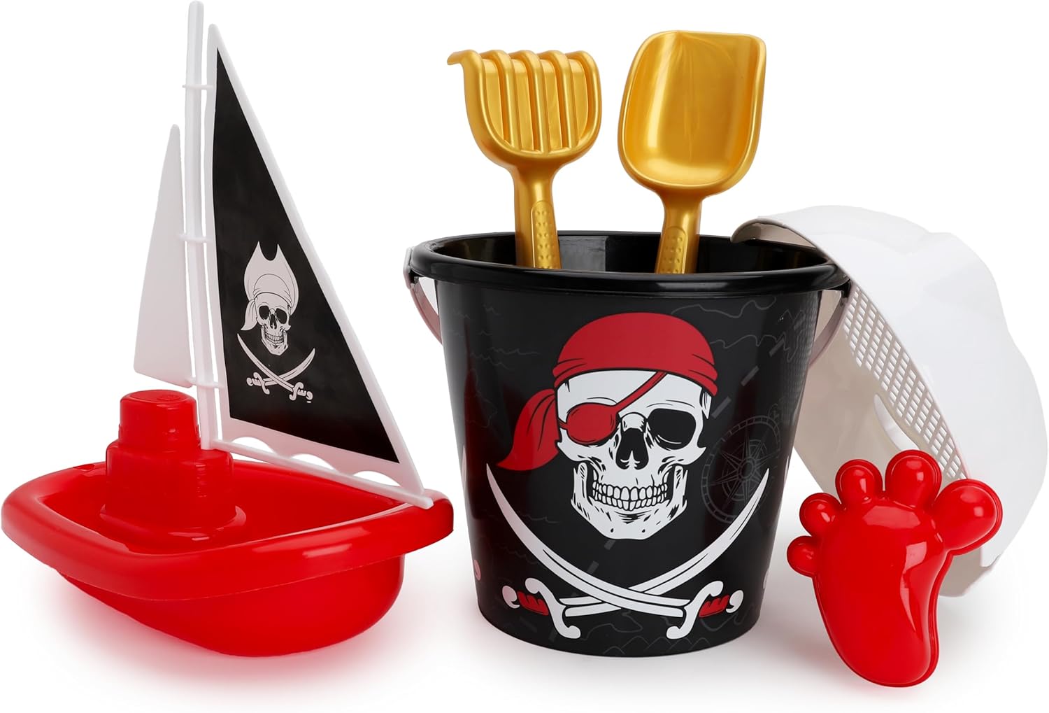 Toyland® Pirate Theme 6 Piece Bucket & Spade Set with Pirate Ship - Sand & Water Play Sandbox - Beach Toys