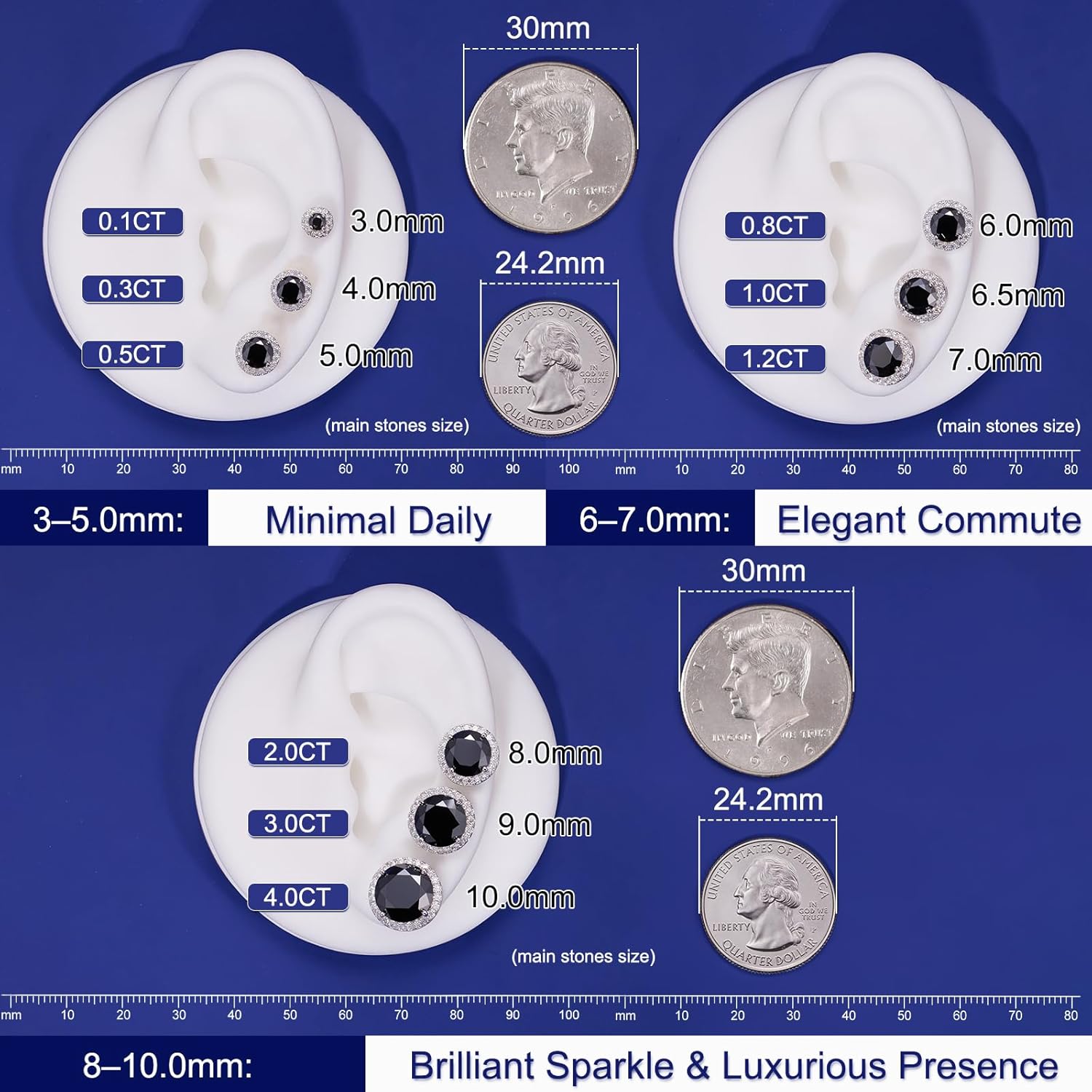 Moissanite Halo Earrings Stud Screw Back 0.2-8.0ct 3-10mm 18K White Gold Plated 925 Sterling Silver Lab Round Cut Brilliant Moissanite Halo Earrings for Women Men - Image 3