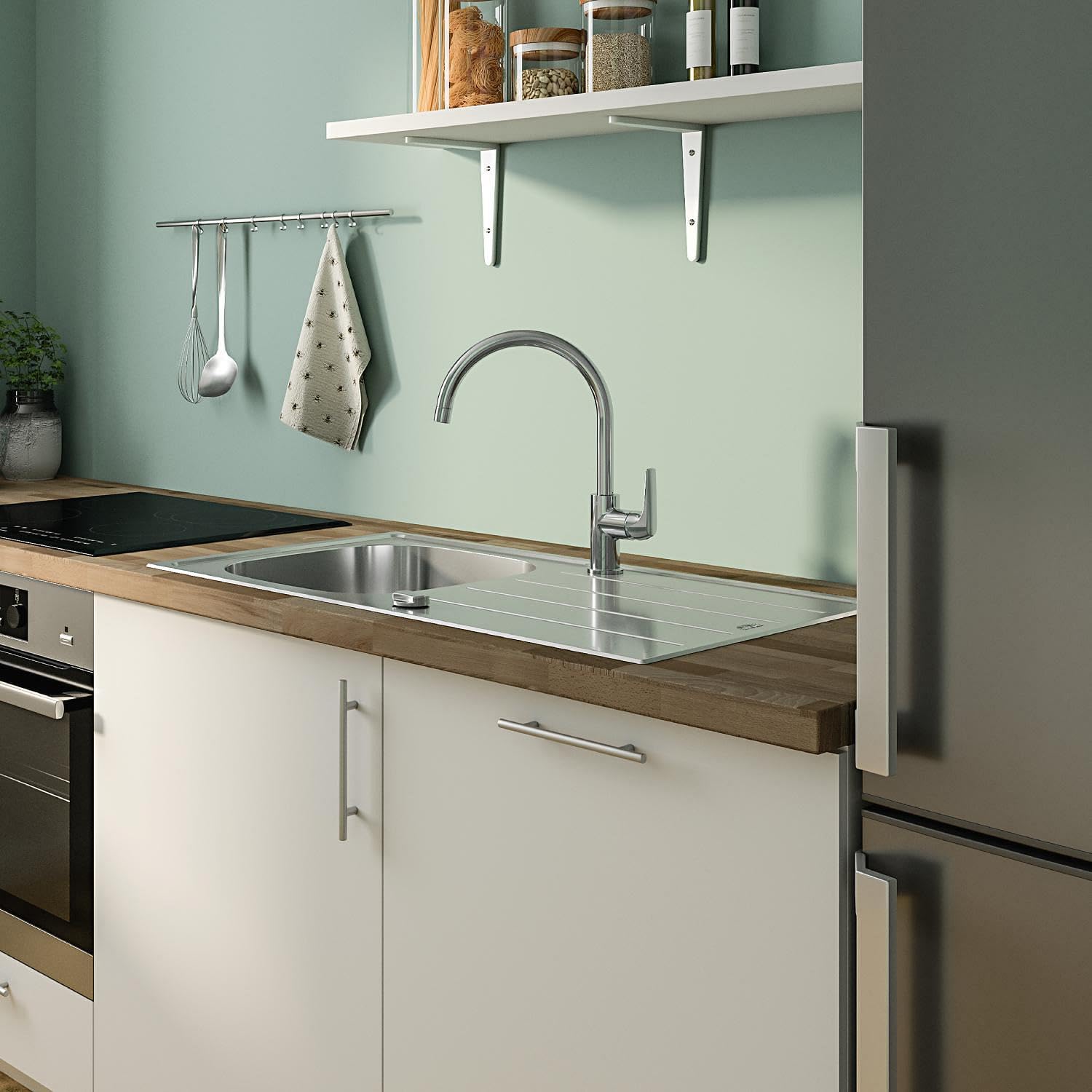 GROHE Start Flow, Küchenarmatur mit hohem Auslauf (Wasserhahn für die Küche, Spültischarmatur mit praktischem 360° Schwenkbereich, werkzeugfreie Spülbecken-Montage), chrom, 31555001