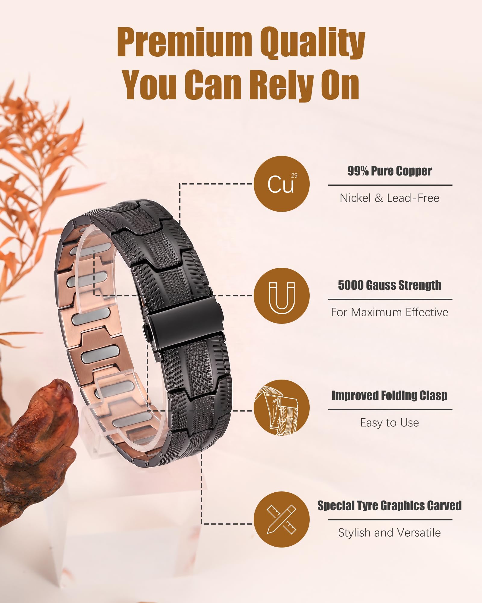 Jeracol Kupfer-Armbänder für Herren, 99 % reines Kupfer, Magnetarmband, verstellbare Größe und Schmuck-Geschenkbox (schwarzes Rad)