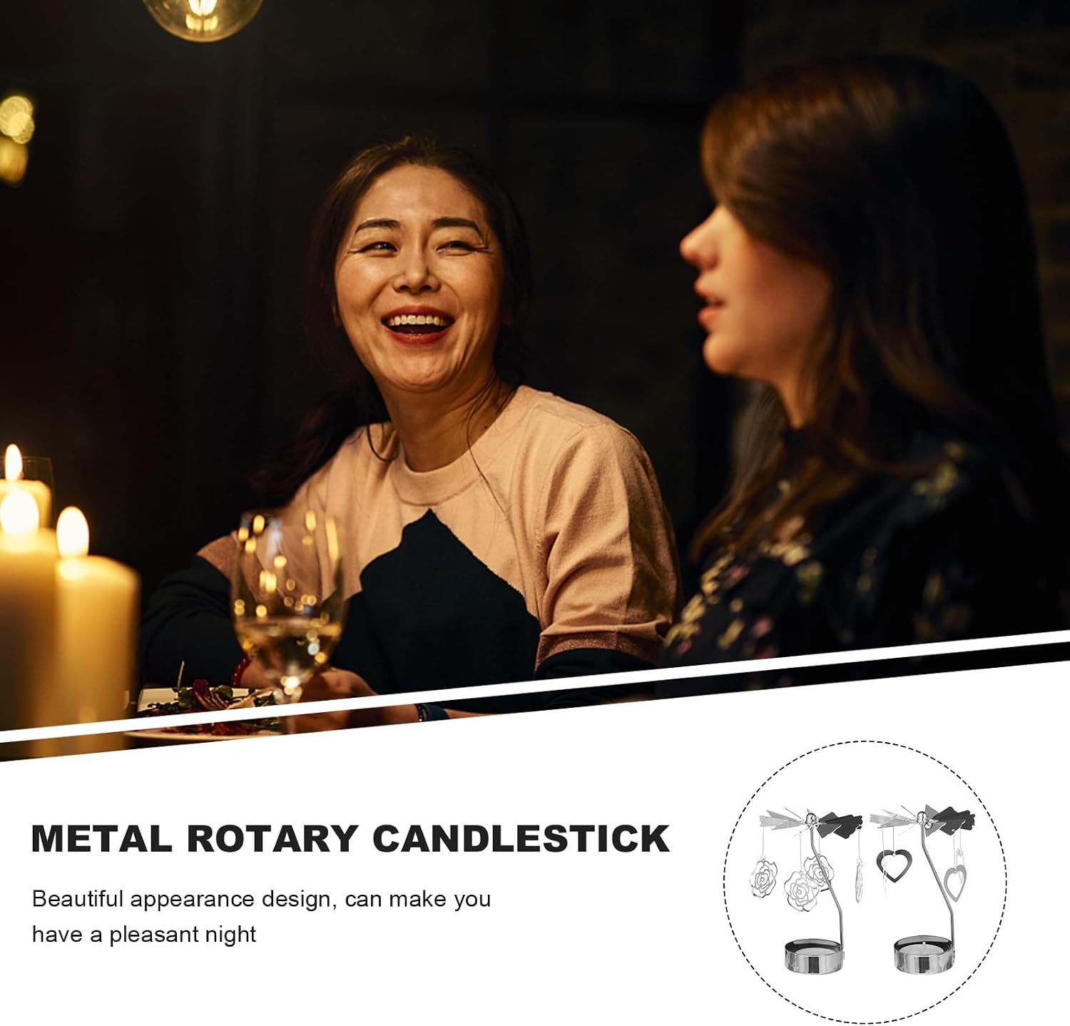 SECFOU Metal Rotating Candlestick Set Heart Pendant and Rose Decoration, Metal Tealight Candle Holders for Dining Table Centerpiece, 10pcs Carousel Candleholder Set for Romantic Home