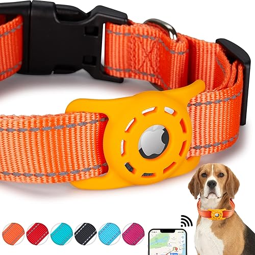Collar reflectante AirTag para perro, compatible con Apple AirTag, collar de nailon para cachorros y gatos con soporte de silicona AirTag para