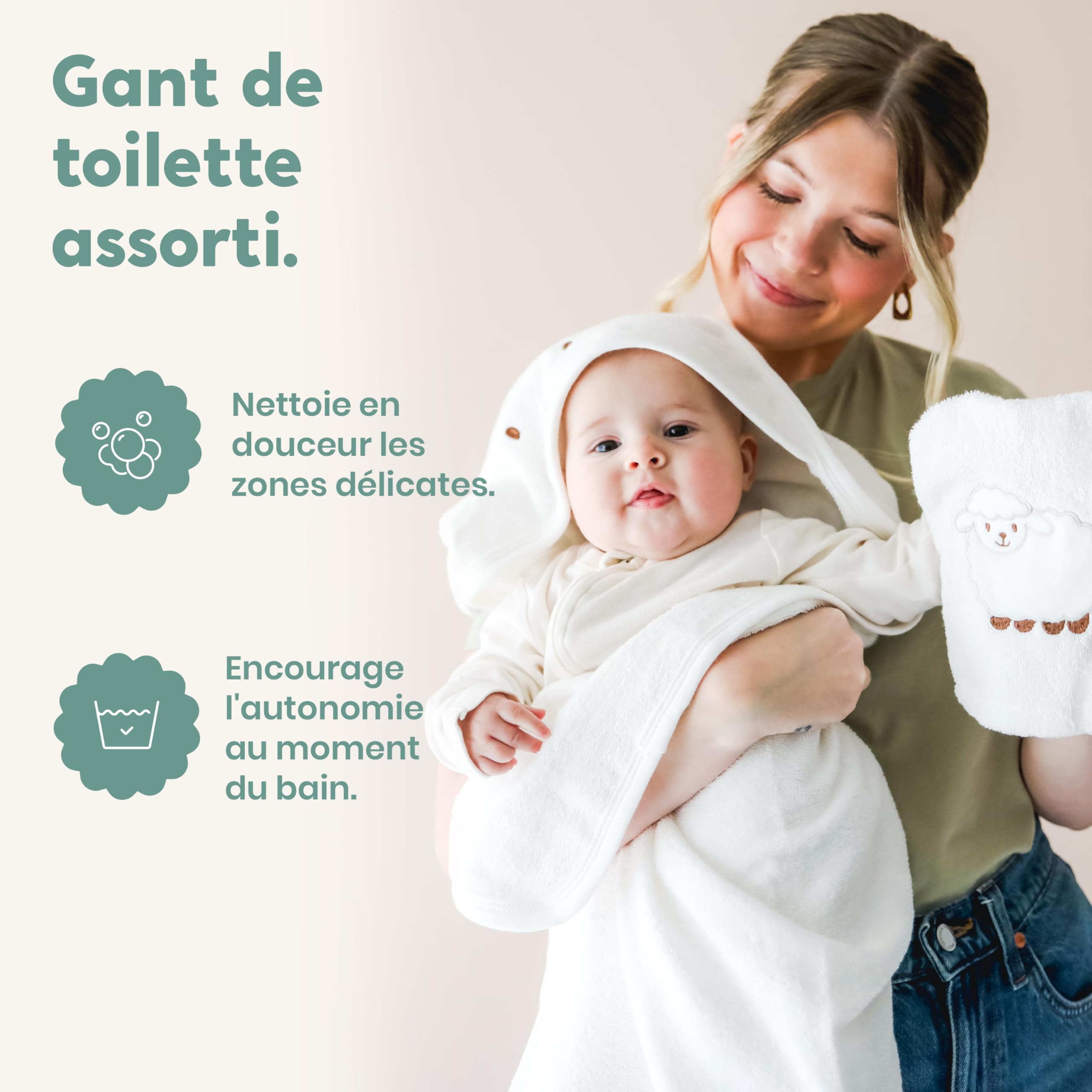 CuddleBug Ensemble Cape de Bain Bébé à Capuche et Gant de Toilette - 100% Coton Éponge Doux et Absorbant - Sortie de Bain Nouveau-né et Enfant (85 x 85 cm) - Agneau