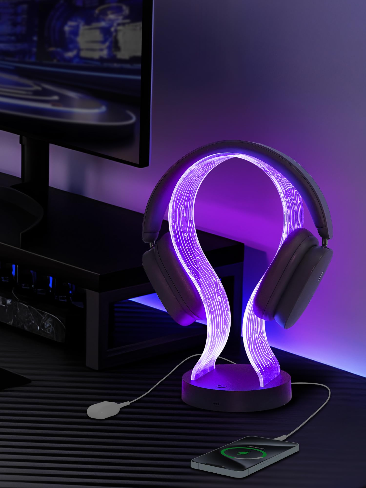 Beleuchteter Kopfhörerständer mit 16 Farben Lichtern, Acryl Kopfhörer Stand mit USB und Typ-C Ladeanschlüsse, Geschenke für Gamer