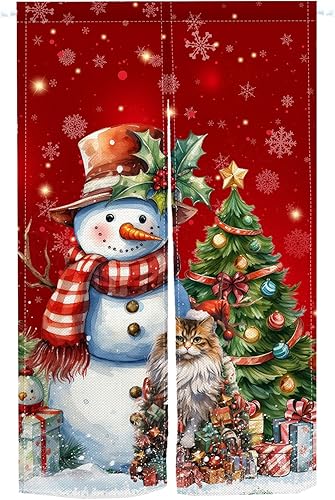 Cortina de puerta japonesa Noren roja de Navidad, cortina Noren divertida cortina de muñeco de nieve y gato, árbol de Navidad, tapiz de entrada,