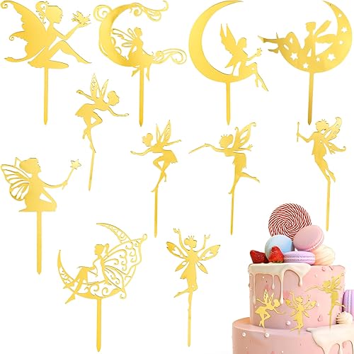 11 adornos dorados para tartas de hadas, flores de ángel, decoración de pastel de cumpleaños de hada de ballet, decoración para cumpleaños, boda,