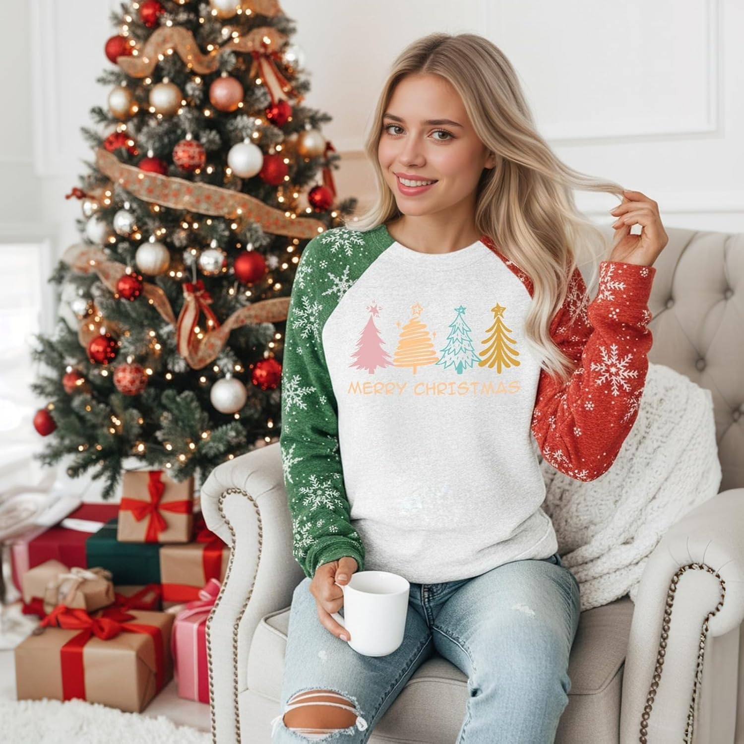 Christmas Sweatshirts for Women Christmas Tree Long Sleeve Pullover Shirt Xmas Tops - Image 3