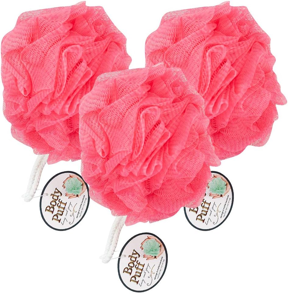 Purely Me Nylon Mesh Pouf Body Puff Bath and Shower Scrubber, Colors Vary, 3-Pack