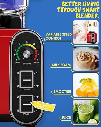 Miniatura 3 de CRANDDI Licuadora comercial de 52 onzas, 1800 W, para cocina, hoja de acero inoxidable de 9 velocidades y autolimpieza, pulso integrado, K98C rojo