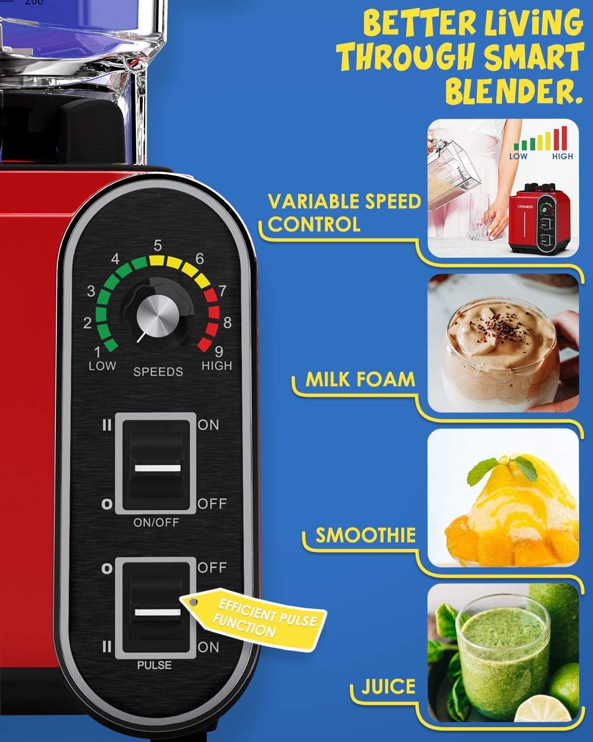 Licuadora comercial de 52 onzas, 1800 W, para cocina, hoja de acero inoxidable de 9 velocidades y autolimpieza, pulso integrado, K98C rojo 3