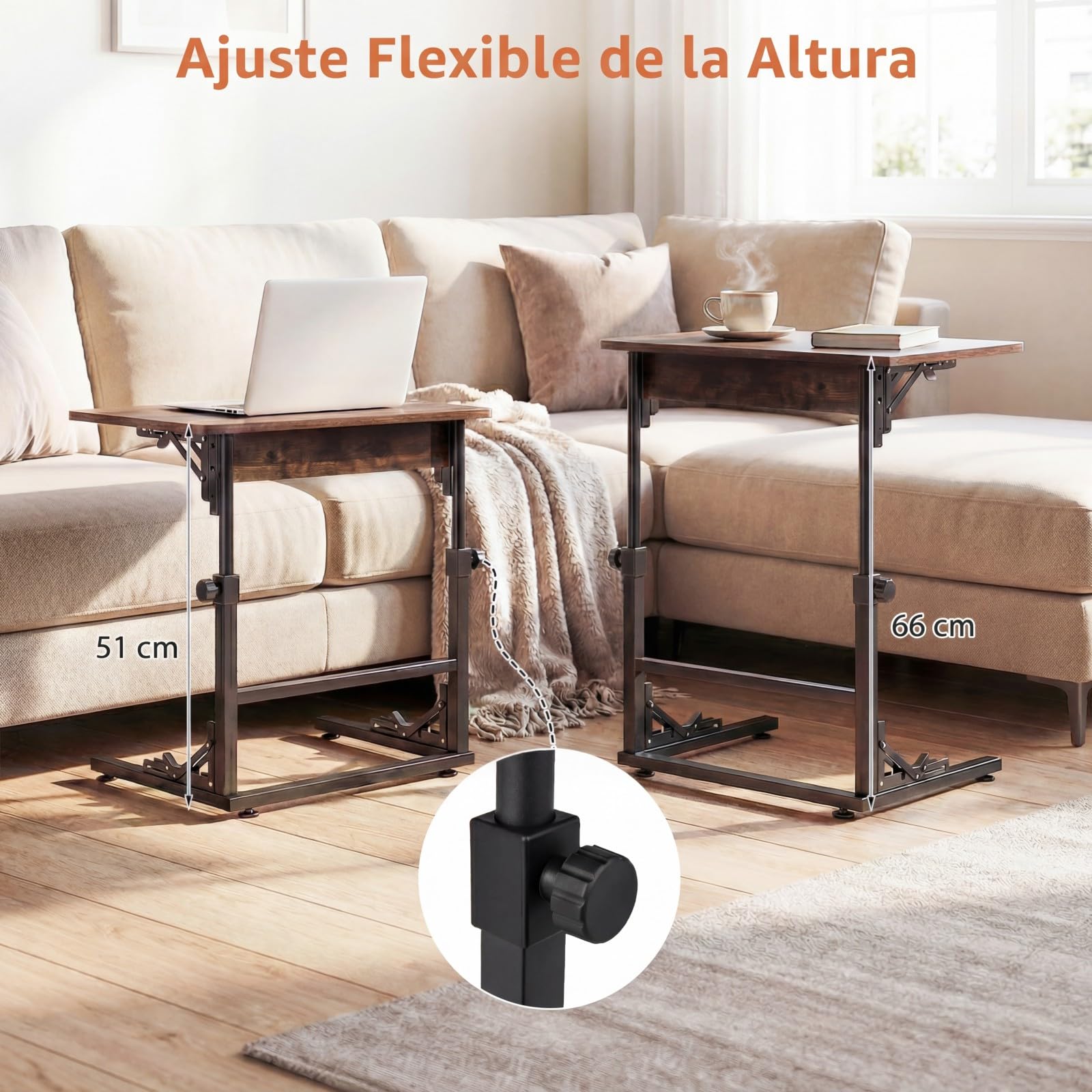 COSTWAY Mesa Auxiliar Plegable en Forma de C, Mesita Lateral para Sofá, Altura Ajustable y Estructura Metálica, Escritorio Industrial para Ordenador Portátil, Salón, Dormitorio, 59,5 x 39 x 51-66 cm