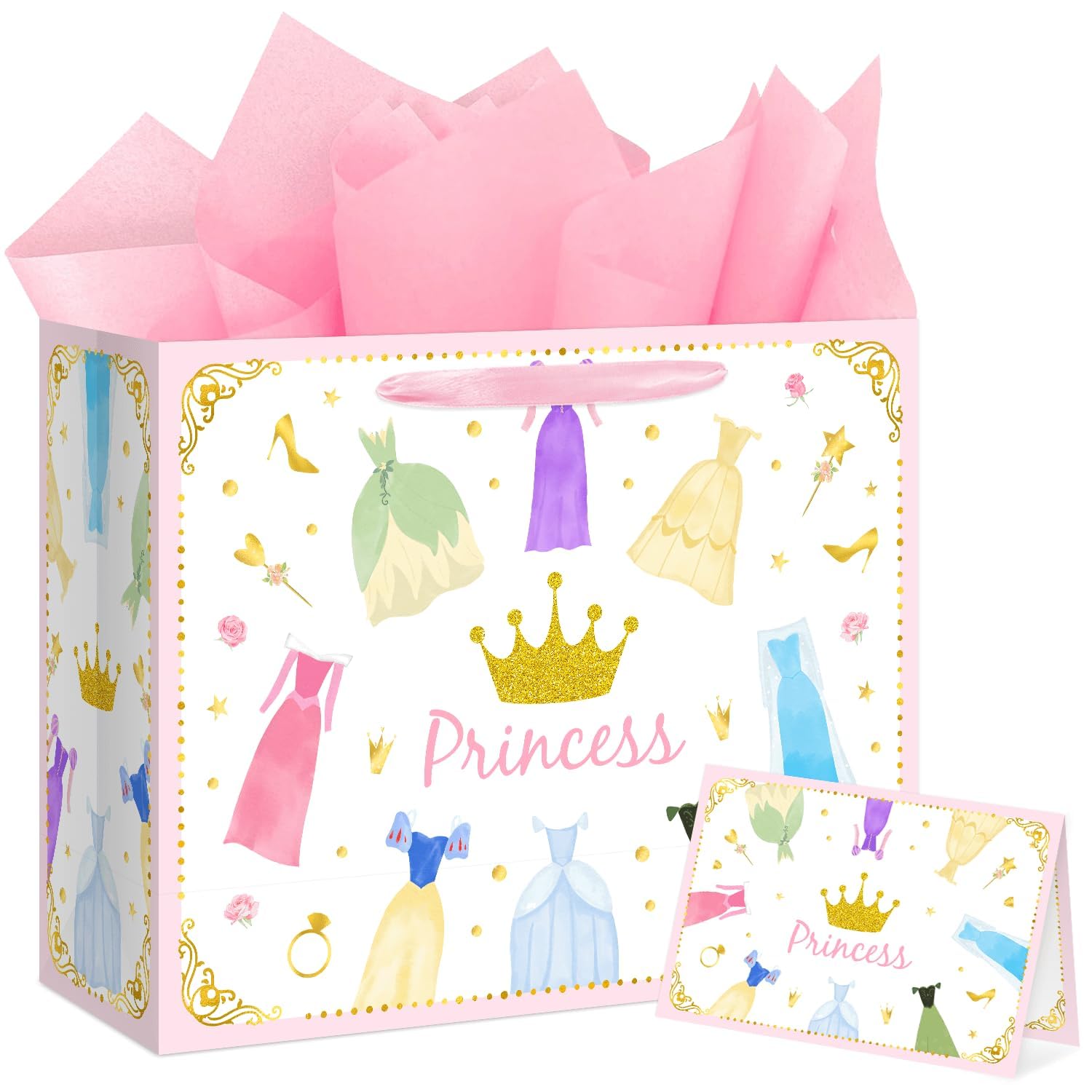 Reyoust 13” Large Princess Themed Gift Bags With Handles and Pink Wrapping Paper Greeting Card Crown Dress Design Gift Bag for Girls Birthday Party Baby shower Decor 1Pcs 13" L x 10.2" H x 4.9" W
