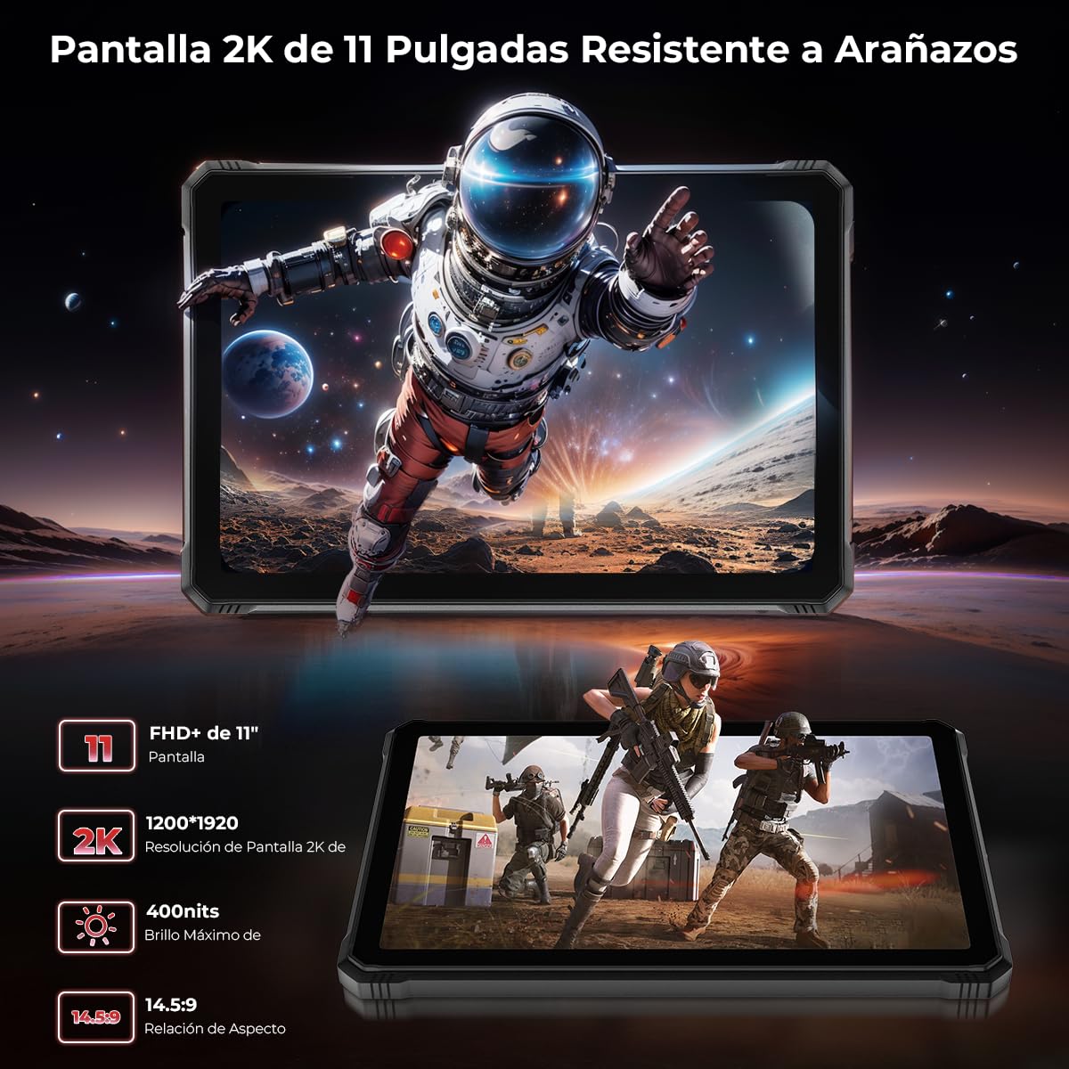 HOTWAV R9 Plus Tablet Rugerizada 2K 11" Pulgadas, 24GB + 512GB/TF 2TB Android 14 Tablets, 20080mAh Tablet Resistente, 64MP + 16MP Cámara, Dual SIM 4G/WLAN 5G/Face ID/GPS/OTG/Luces de Camping