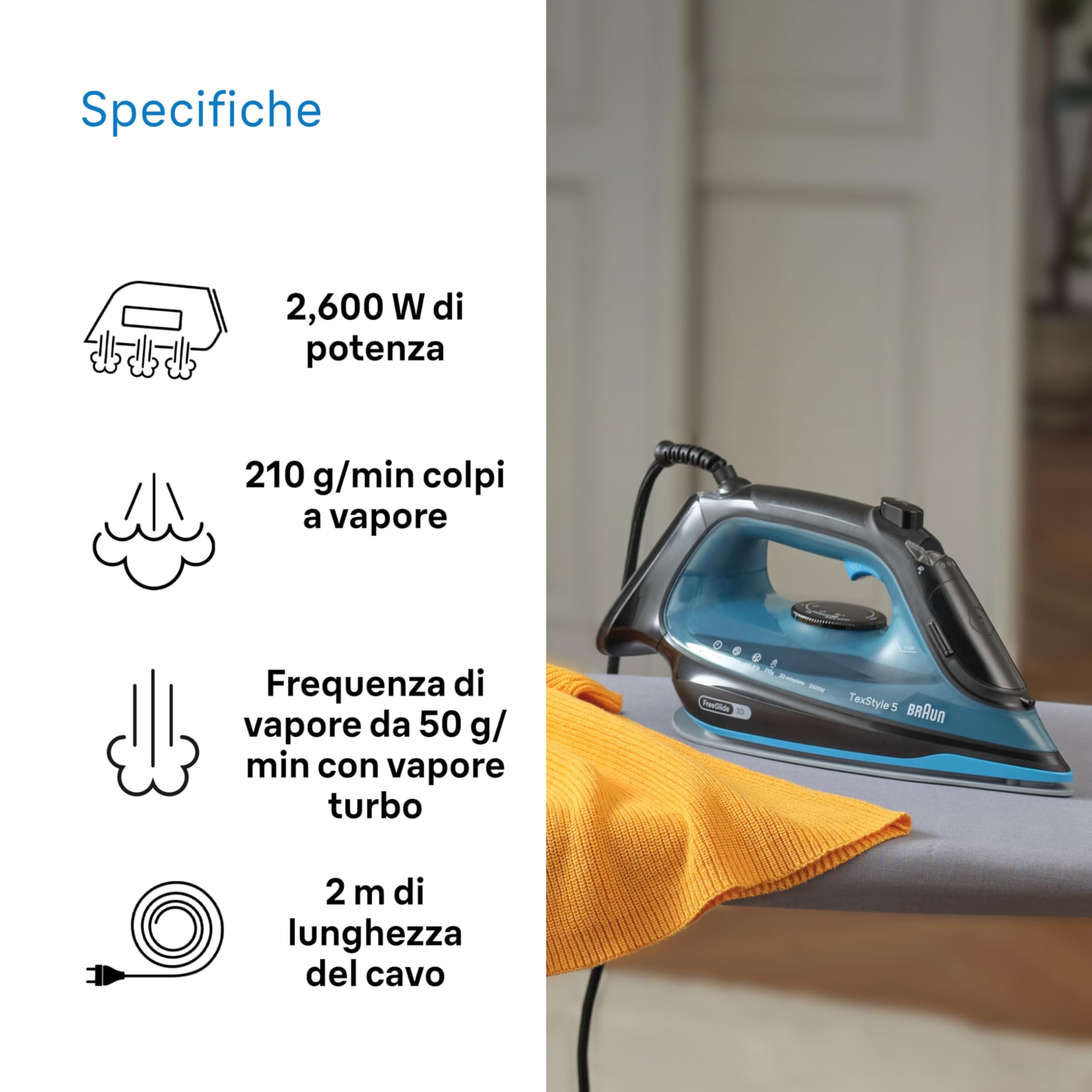 Braun TexStyle 5 SI5256BL, Ferro da Stiro con Piastra FreeGlide 3D SuperCeramic, Punta di Precisione, Manico Aperto Ergonomico, Ricarica 300ml, Sistema Antigoccia, Colpo Vapore 210 g/min, 2600W, Blu