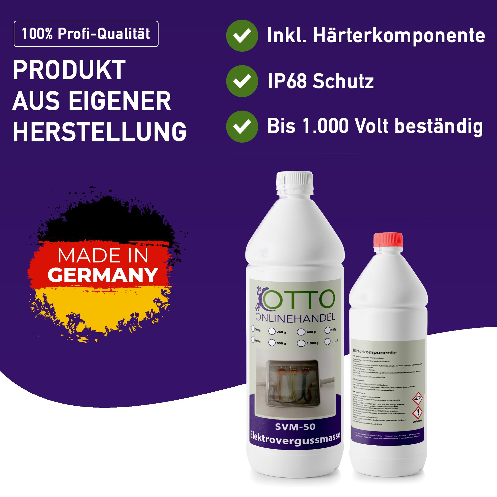SVM-50 Elektrovergussmasse (1200 g) inkl. Abzweigdose | Elektronik Gießharz | glasklares Epoxidharz Resin | getestete Isolation bis 1000V | IP68 wasserdicht & staubdicht