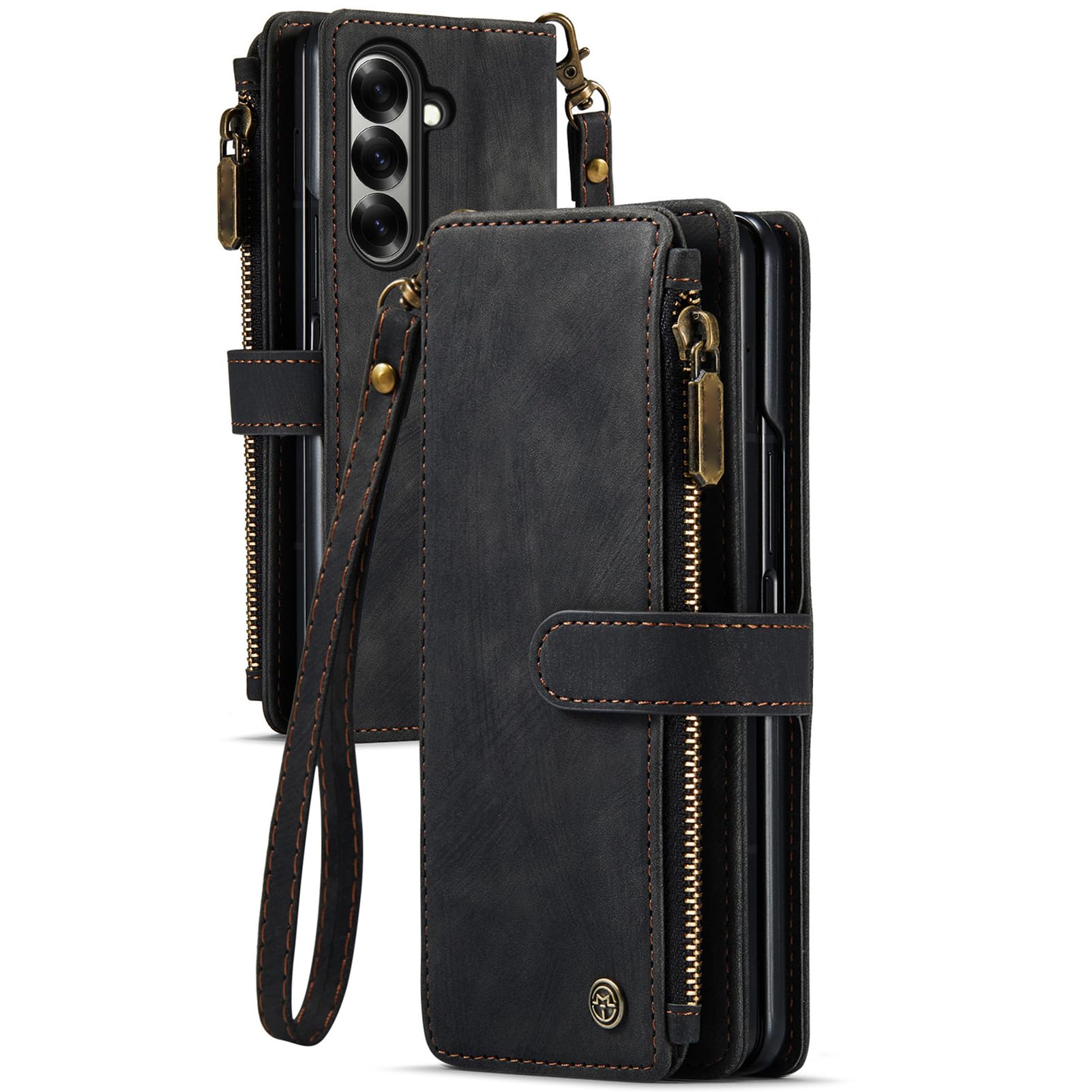 Etui z klapką do Samsung Galaxy Z Fold 8 Ultra, portfel na zamek błyskawiczny duża pojemność vintage matowe etui pasek na nadgarstek ochrona przed upadkiem miękka wewnętrzna powłoka TPU (czarna)