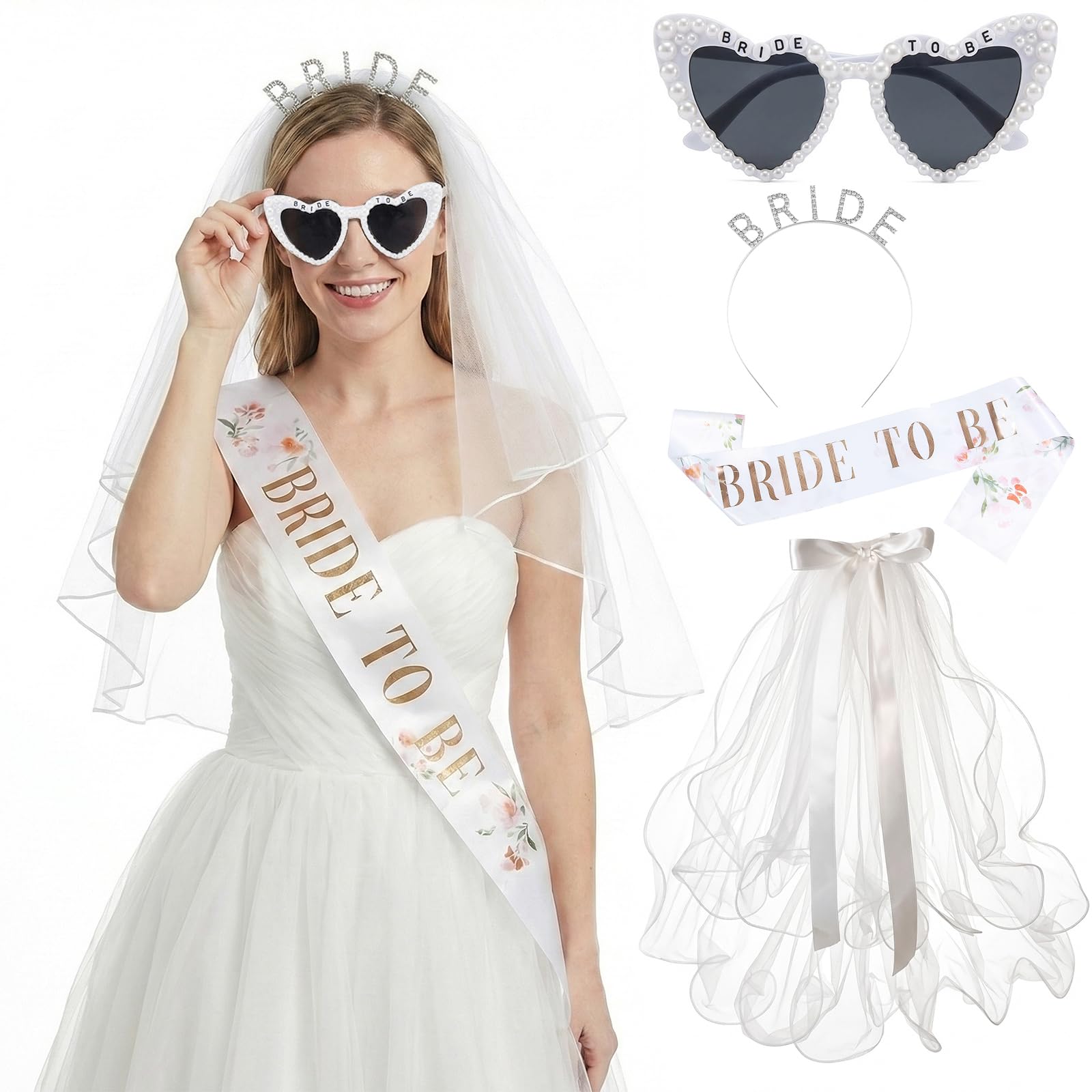 Thhiit Hen Party Accessories 4 PCS – Bride to Be Sash, Veil, Headband & Sunglasses Set for Hen Do, Bridal Shower or Bachelorette Celebration
