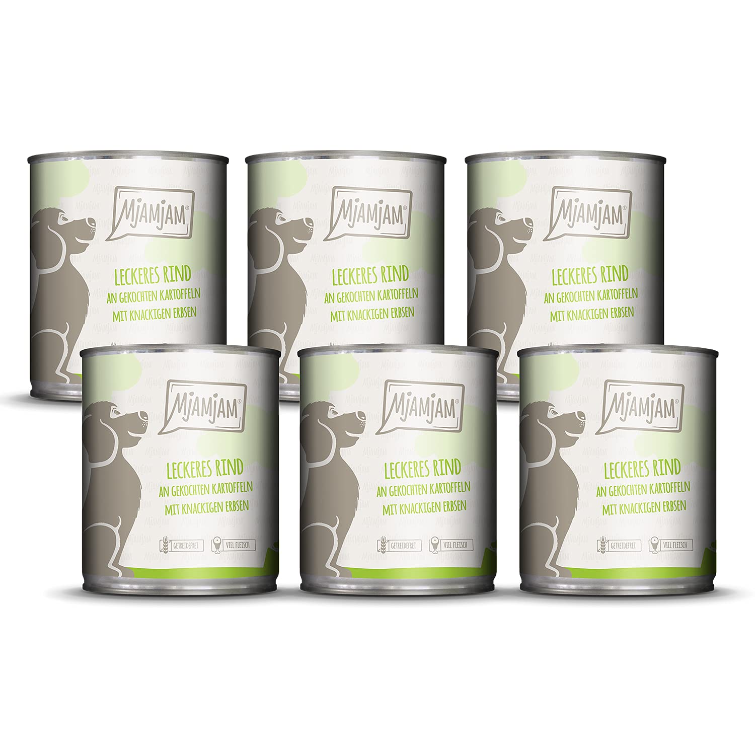 MjAMjAM - Premium Nassfutter für Hunde - leckeres Rind an gekochten Kartoffeln mit knackigen Erbsen, 6er Pack (6 x 800 g), naturbelassen mit extra viel Fleisch
