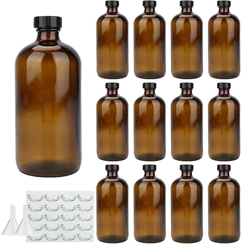 Maredash - Botellas de vidrio de 16 onzas paquete de 12 botellas de almacenamiento de vidrio ámbar con tapas