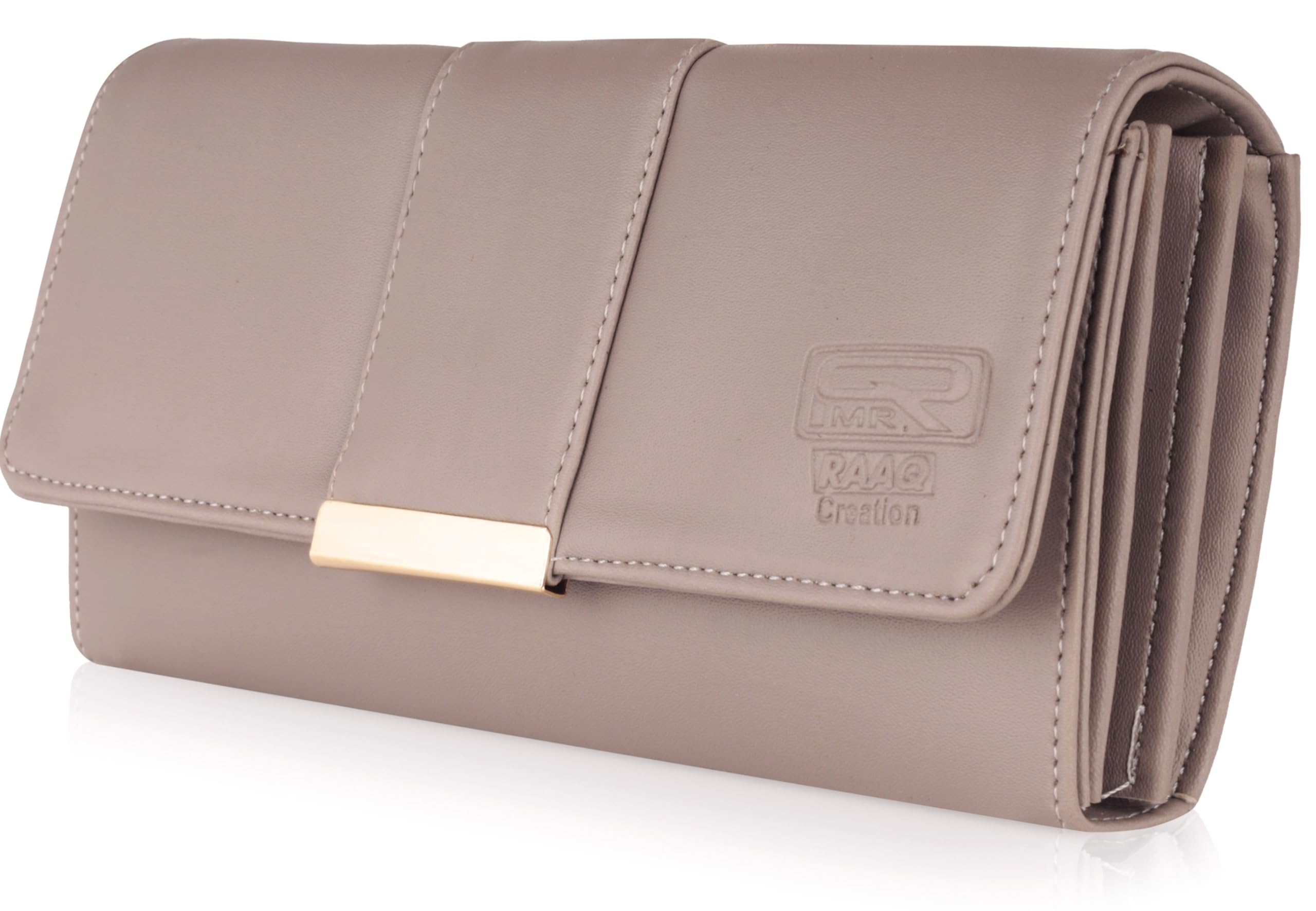 mr. raaq creation Women's Faux Leather Wallet, Brown, 6 Card Slots, 2 Zipper Pockets, Secure Button Closure, Multi-Utility Clutch Purse (Lite Grey)-picture-11