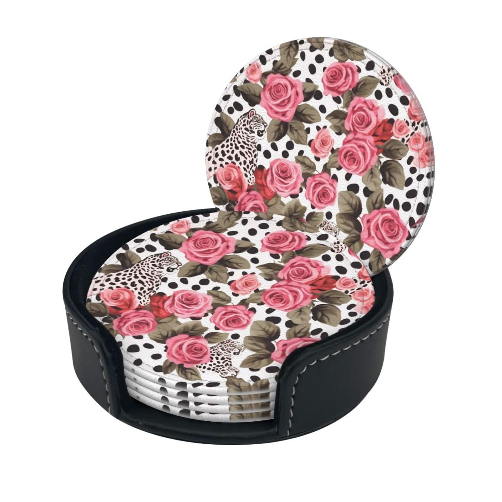 Stylish Coasters - Cute Rose Mix Leopard Pattern Set of 6 Round Leather Drink Coasters with Holder - Perfect Size for Cups and Glasses