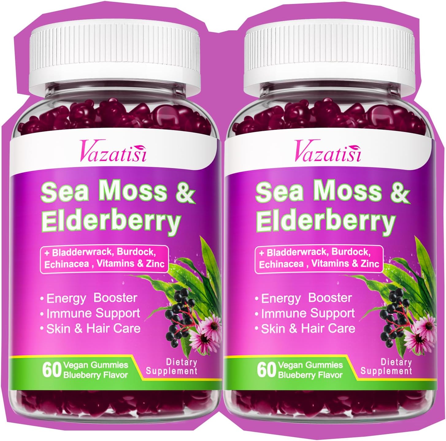 2 Pack Elderberry Gummies with Sea Moss, Extra Strength Elderberry with Vitamin C, Zinc for Immune Support for Adults, Kids, Women & Men, Blueberry Flavor 120Cts