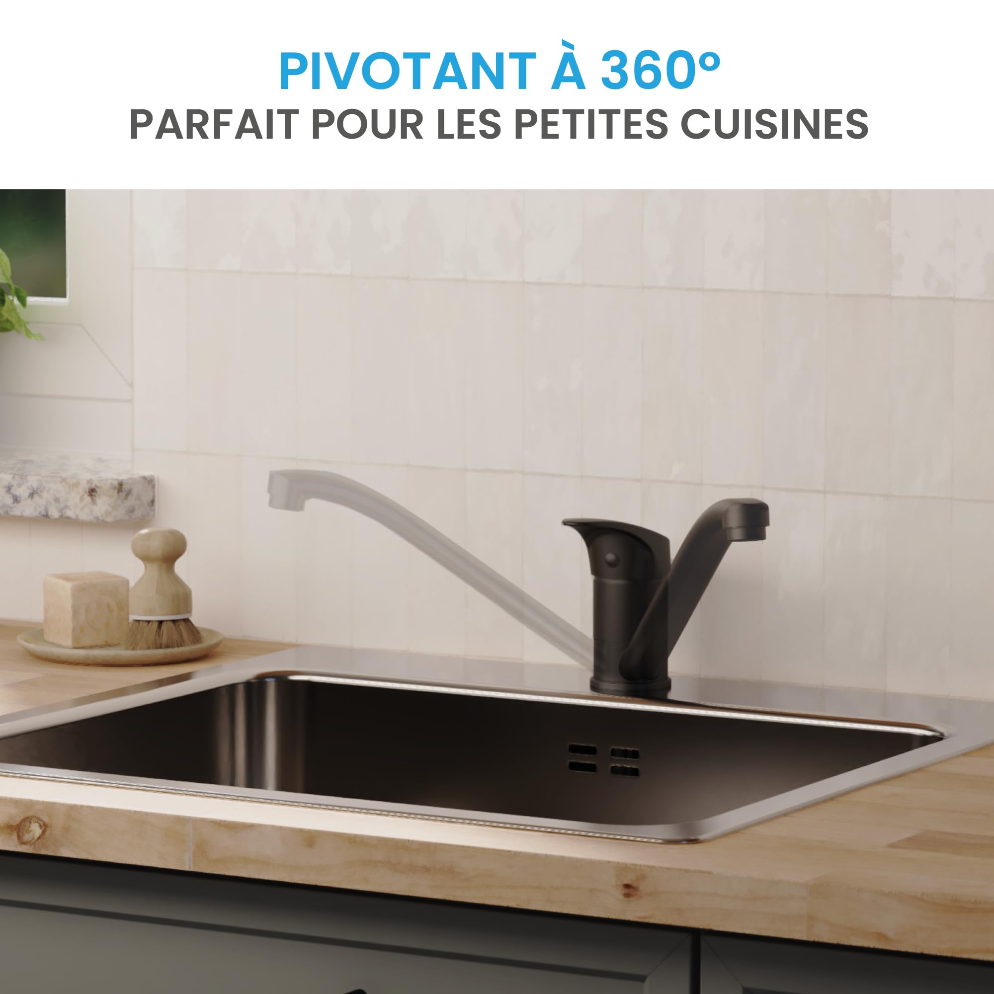 Bächlein Mitigeur de cuisine pivotant à 360 degrés (noir mat) – Mitigeur d'évier à levier unique avec bec pivotant à 360° – Robinet pour la cuisine au design extra solide