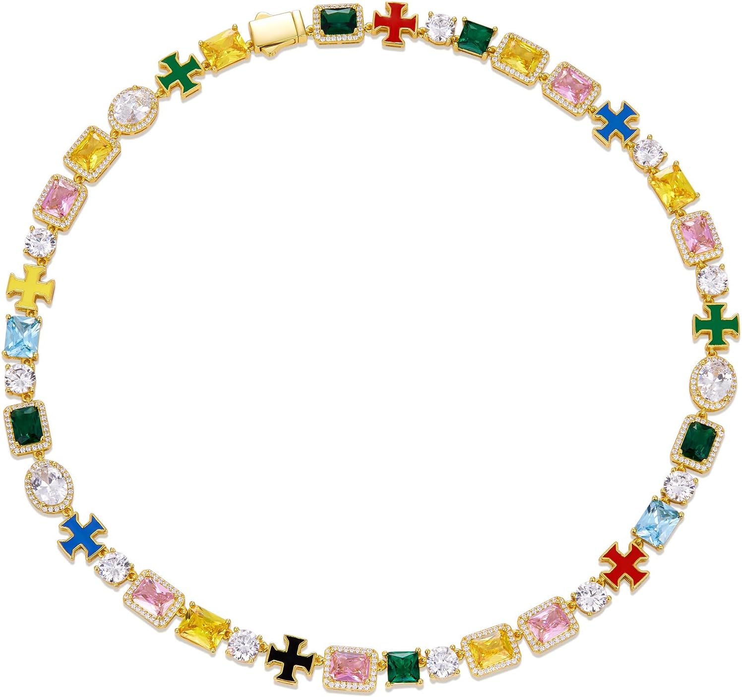 925 Sterling Silver Gemstone Tennis Necklace For Women Men, 8MM, 16-24inches, Cubic Zirconia Birthstone Necklace, 18K Gold Plated Colorful Cross Chain- Birthday Valentines Day Gifts For Her Him