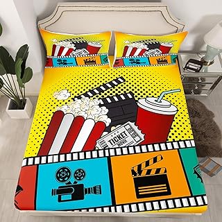 Vintage Cinema Style Fitted Sheet Full for Boys Girls Family Movie Theater Decor Bed Sheets Movie Themed Bed Set Home Theater Decor Bedding Set Movie Lover Movie Theater Theme Fitted Sheet
