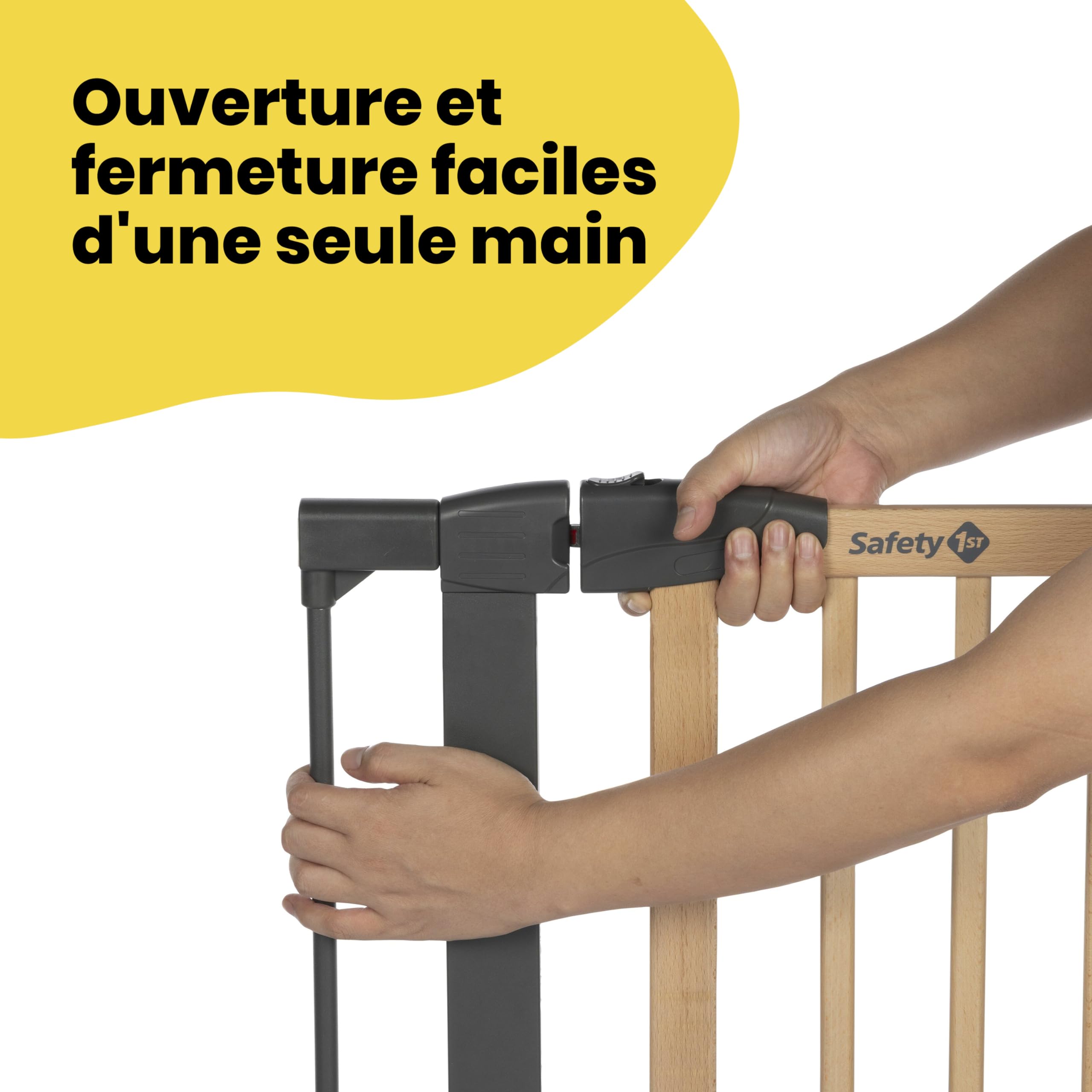 Safety 1st Simply Close Barrière de sécurité Enfant Bois, à Pression, 73-80 cm (Max. 94cm), sans vis ni perçage, Ouverture d'une Main, Double Verrouillage, barrière escalier Enfant, Bois et Graphite