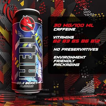 HELL Energy Drink | +20% More Caffeine | Vitamins B2, B3, B6, B12, C & D | No Preservatives | Environmentally Friendly Packaging | 12 x 500 ml | Compatible with HELL Energy