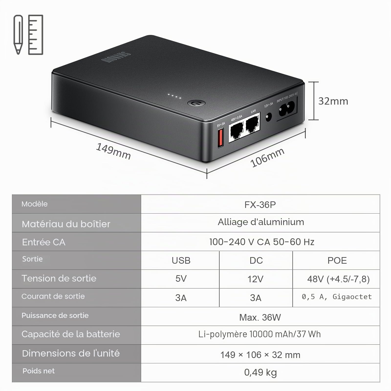Mini onduleur avec Gigabit PoE pour WiFi, routeur, modem, caméra de surveillance, entrée CA, sortie 5 V, USB, 12 V CC, 48 V PoE