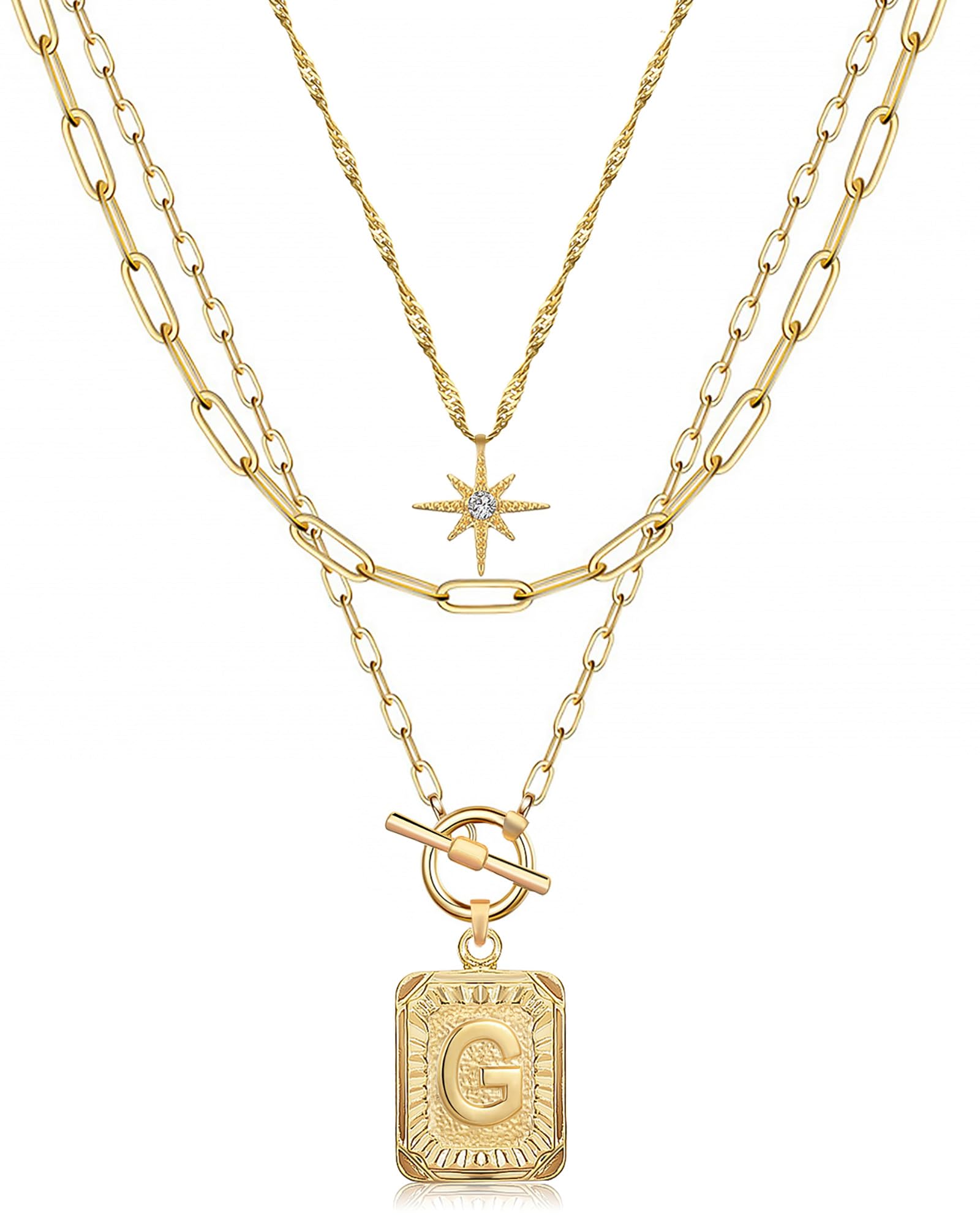 MJartoria Layered Initial Necklaces for Women Trendy, 14K Gold Plated Brass Simple Star Choker Square Letter Pendant Necklace, Paperclip Chain Necklaces Jewelry Gifts