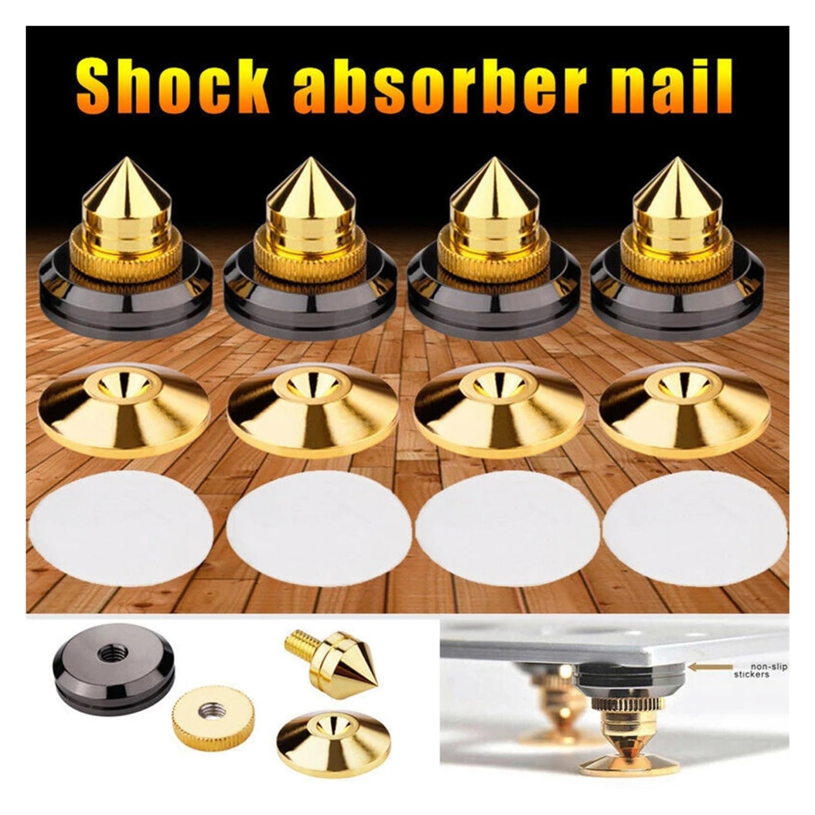 Inox SpeakerSpike 4 set di punte for altoparlanti dorate | Subwoofer CD Audio Amplificatore Isolamento Piedini di supporto Scatola altoparlante Chiodi Cono