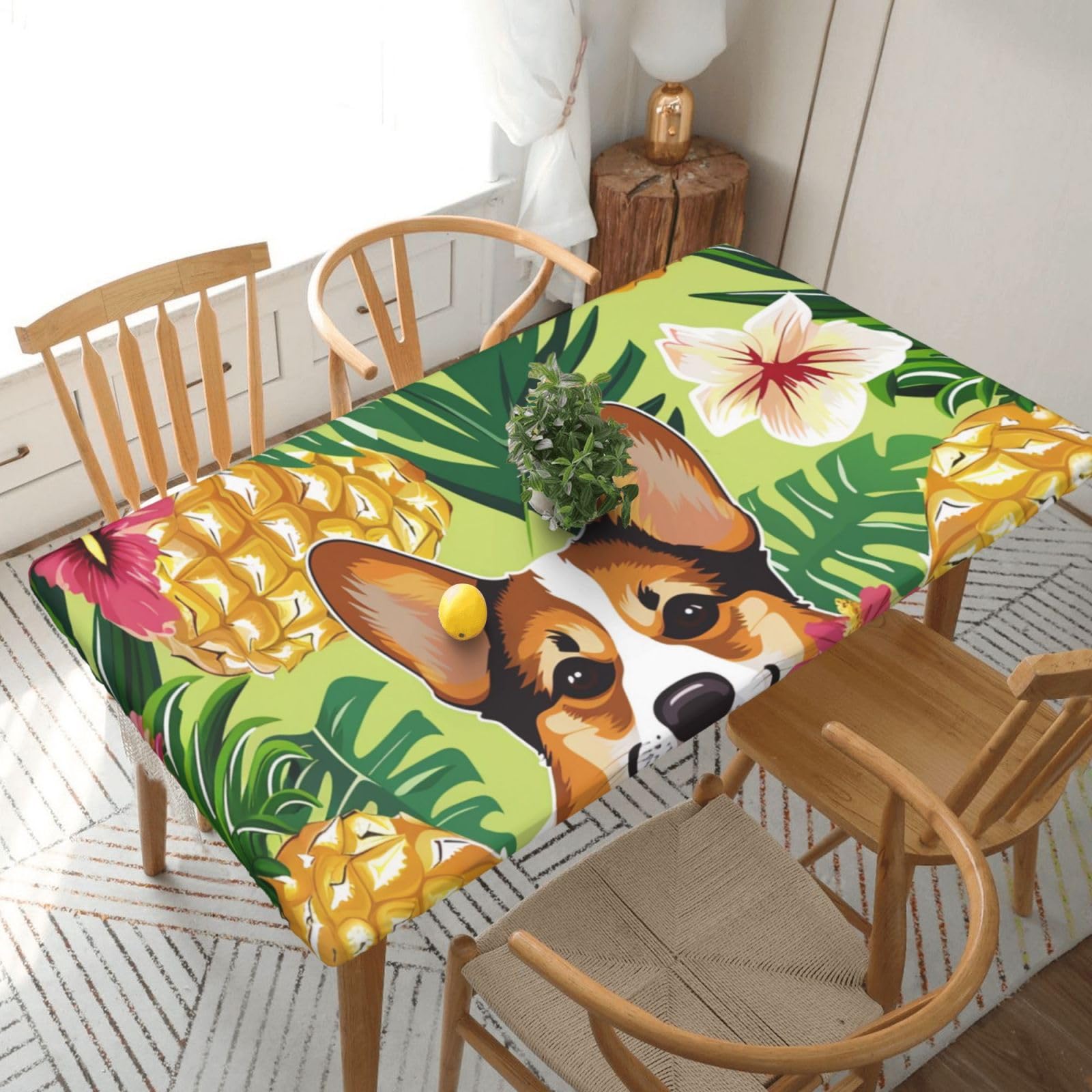 WPKJU Corgi Hawaiian Tropical Summer Pineapple Printed Tablecloths 5ft Rectangular Table Covers Washable Polyester Decorative Table Cloth for Dining Table Picnic Wedding