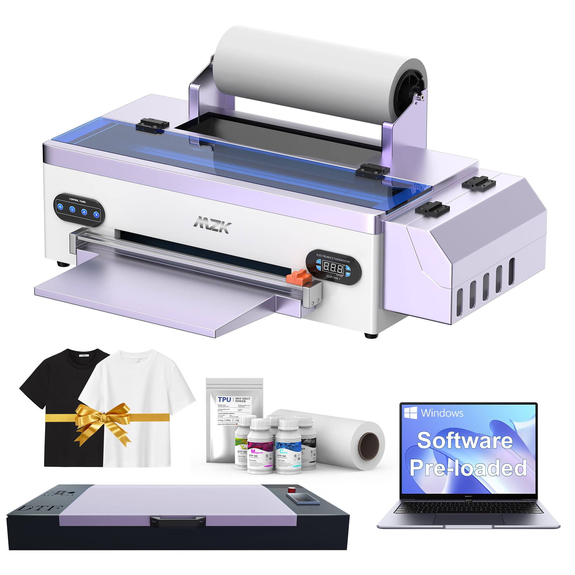 MZK A3 Roll DTF Transfer Printer,High-Speed Print,13”Max Print Width,White Ink Circulation Semi-Automatic Cleaning System,Film Cutter,2880DPI,Gift Ink 2 Year(Printer+Oven+Laptop)