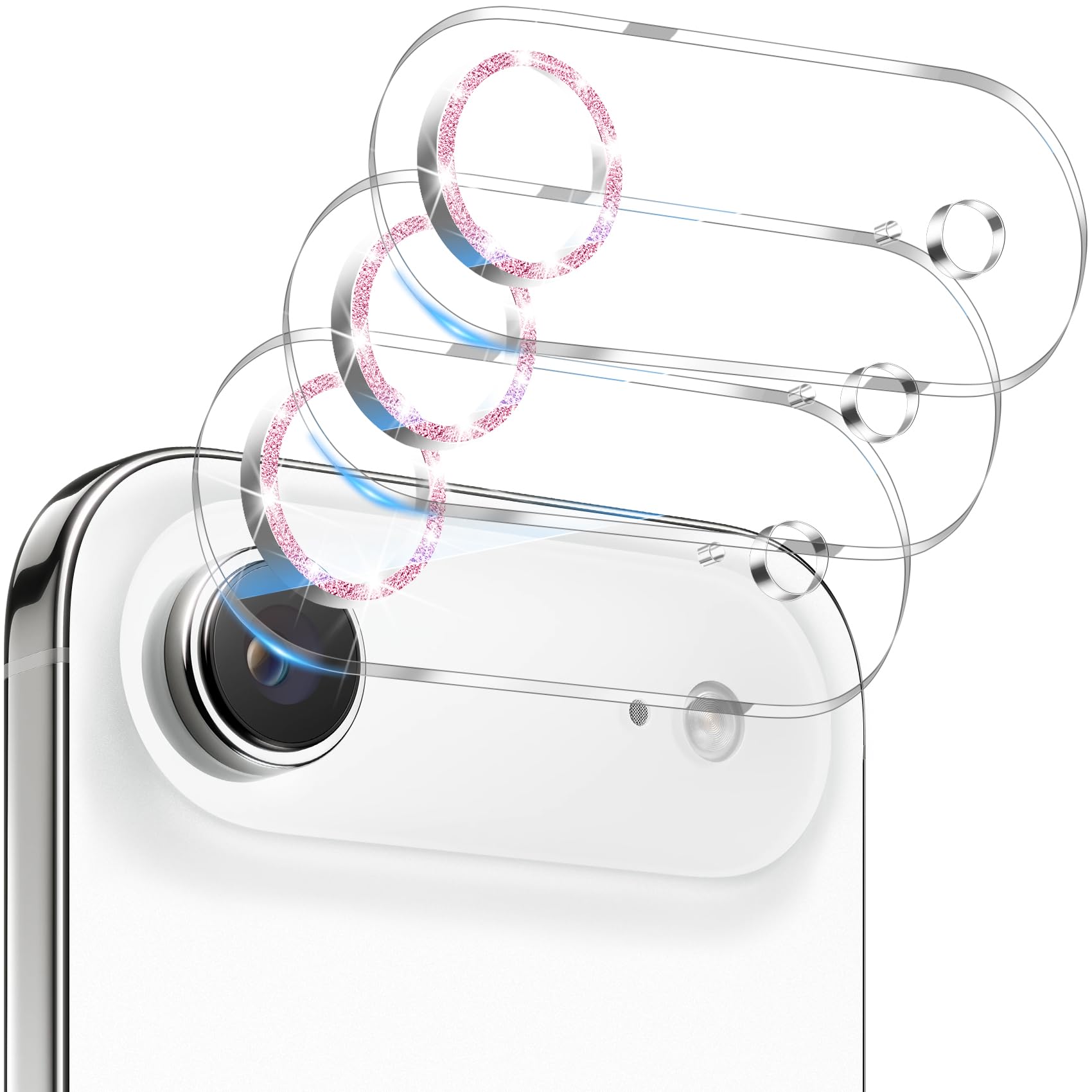 3 Pack Camera Lens Protector for iPhone Air, Tempered Glass, Ultra HD, 9H Hardness, Anti-Scratch, Case Friendly [No Affect on Night Shots], Glitter Pink