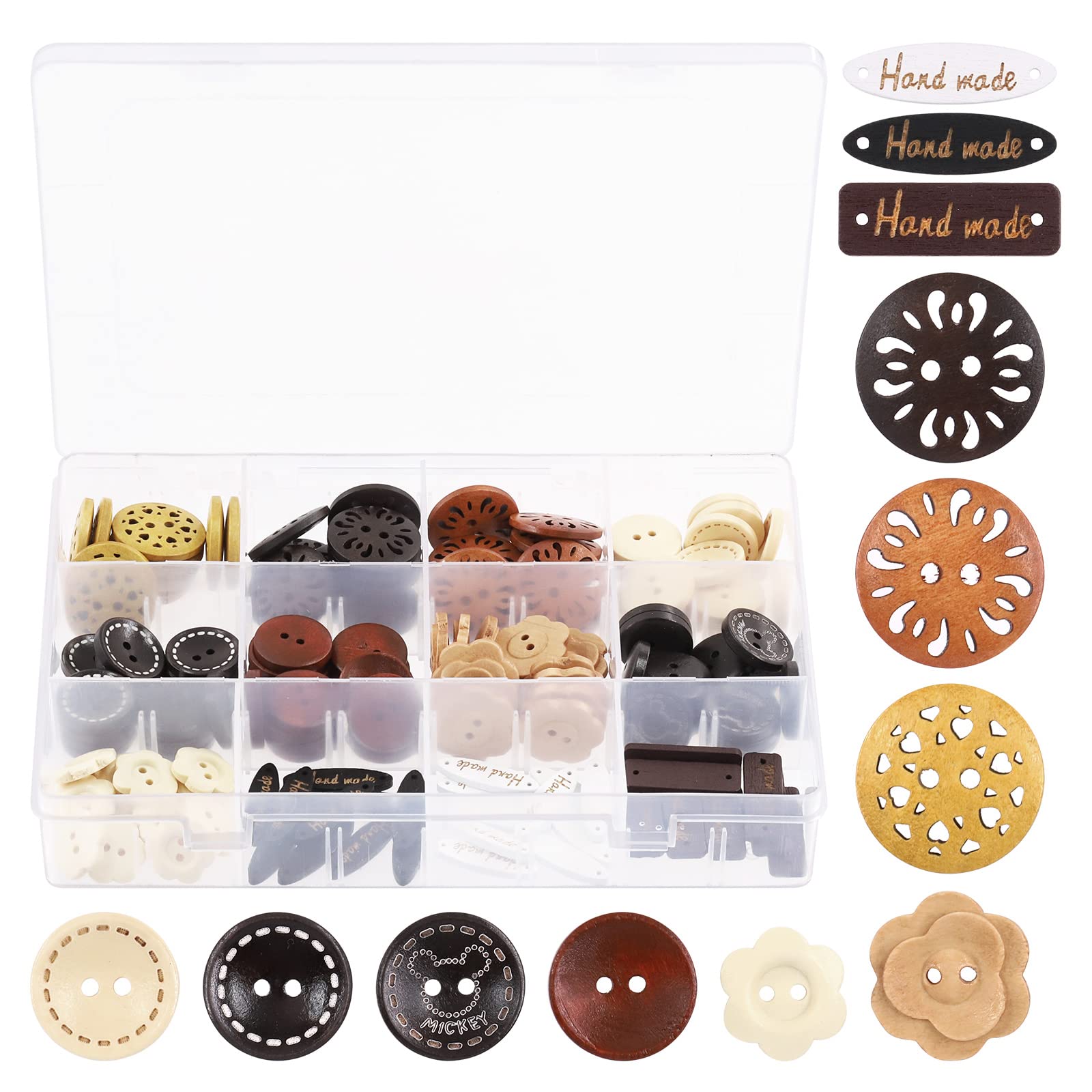 Mardatt 150Pcs Wooden Buttons, Assorted Sizes Wooden Sewing Buttons Pierced Flower Wood Buttons Handmade Buttons Decorative Buttons for DIY Handmade Sewing Craft