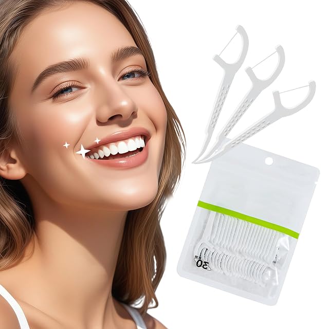 EKIND 30 Count Dental Floss Disposable Tooth Sticks Smooth Strong Thread Easy Grip Handle Oral Care Zip Seal
