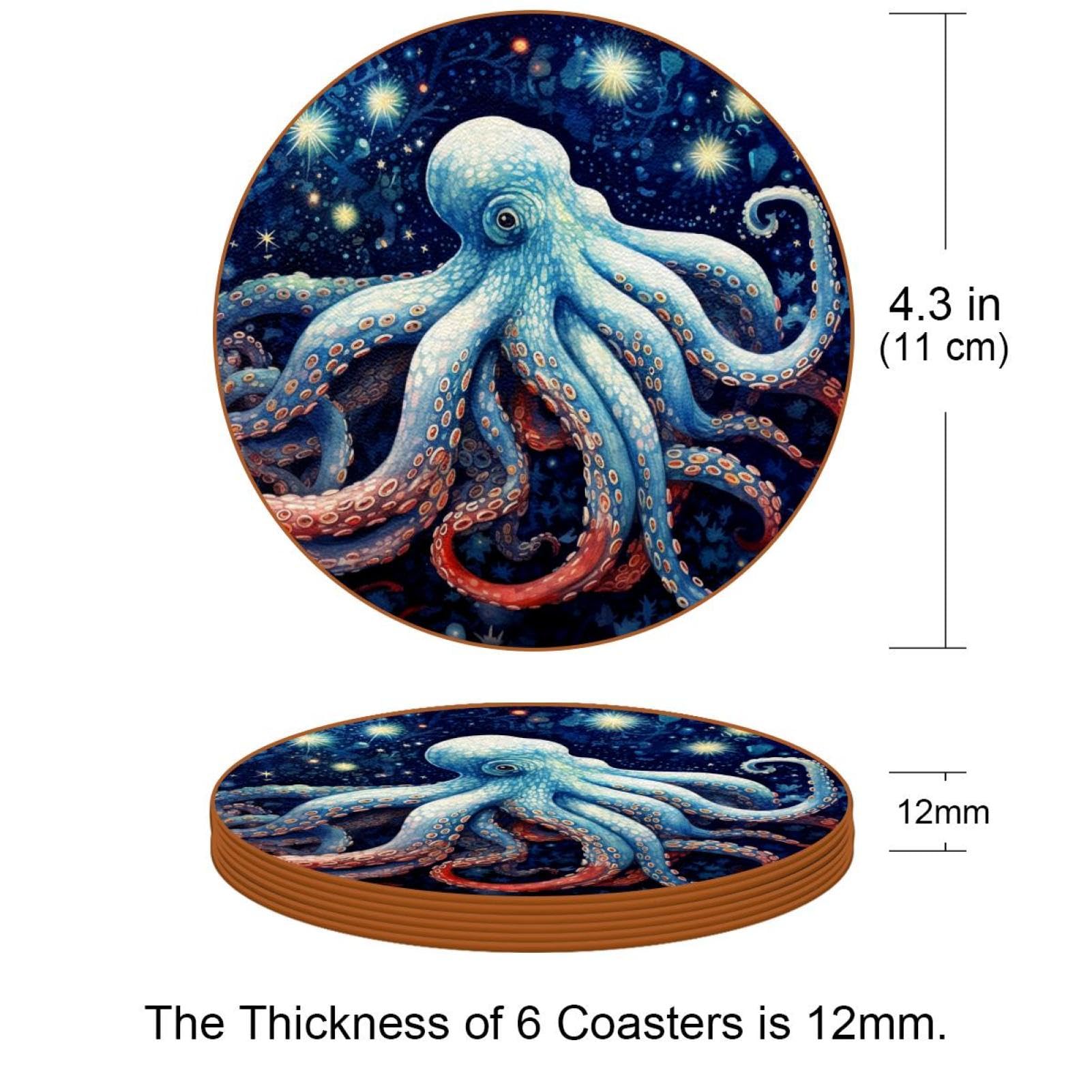 Cartoon-Galaxie-Oktopus-Untersetzer für Getränke, 6 Stück, Tisch-Schutzmatte für Weingläser, Tassen und Tassen, wiederverwendbar im Büro, Küche, Bar, 10,9 cm