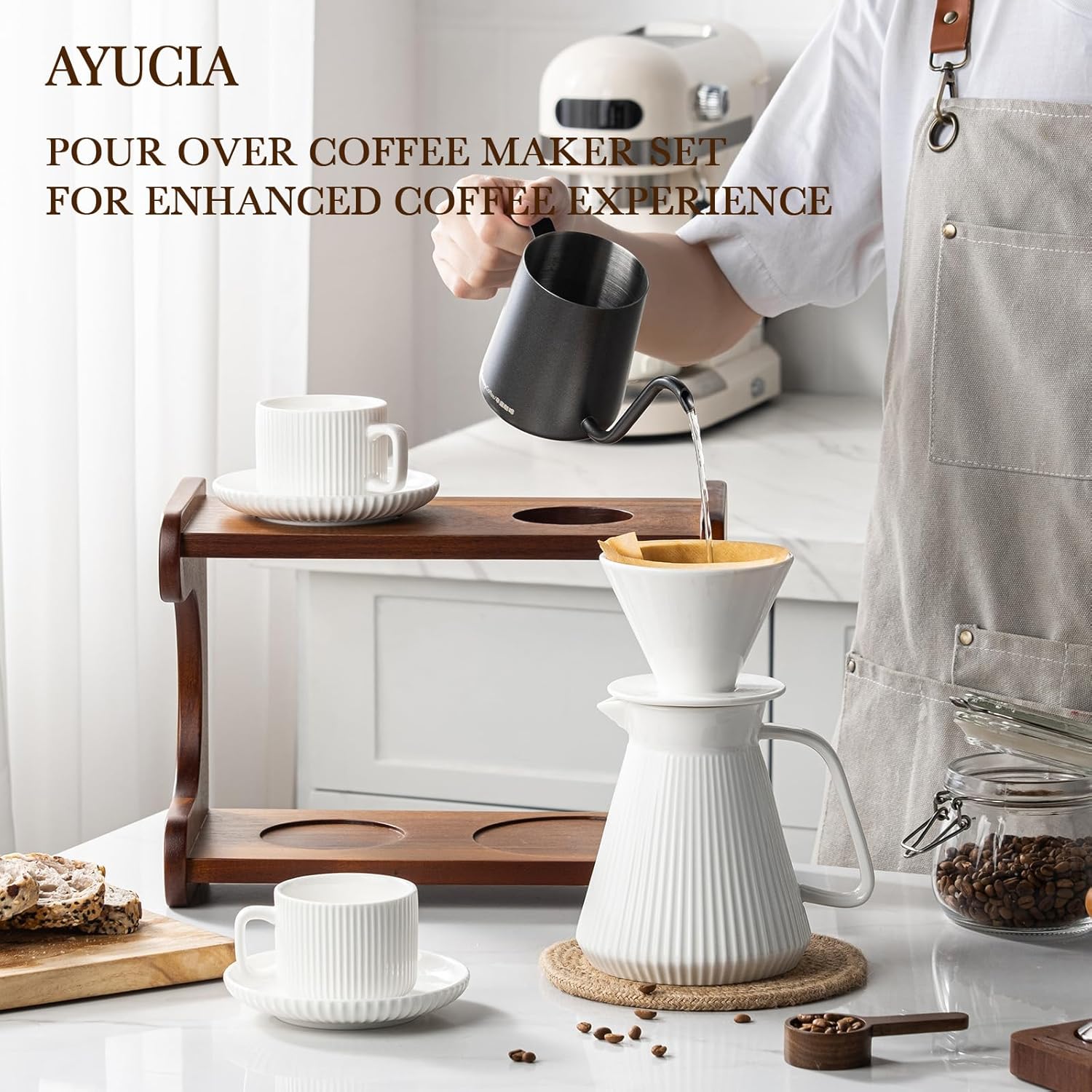 Pour Over Coffee Maker Set, 22OZ Ceramic Pour Over Coffee Dripper with Acacia Wood Stand and 5OZ Cups and Saucers Set of 2, Size 02