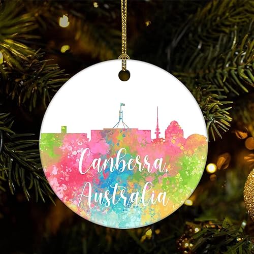 Two-Side Printed Australia-Canberra Ceramic Christmas Ornament, Novelty for Family Friends Kids, Colorful City Painting Christmas Keepsake Pendants