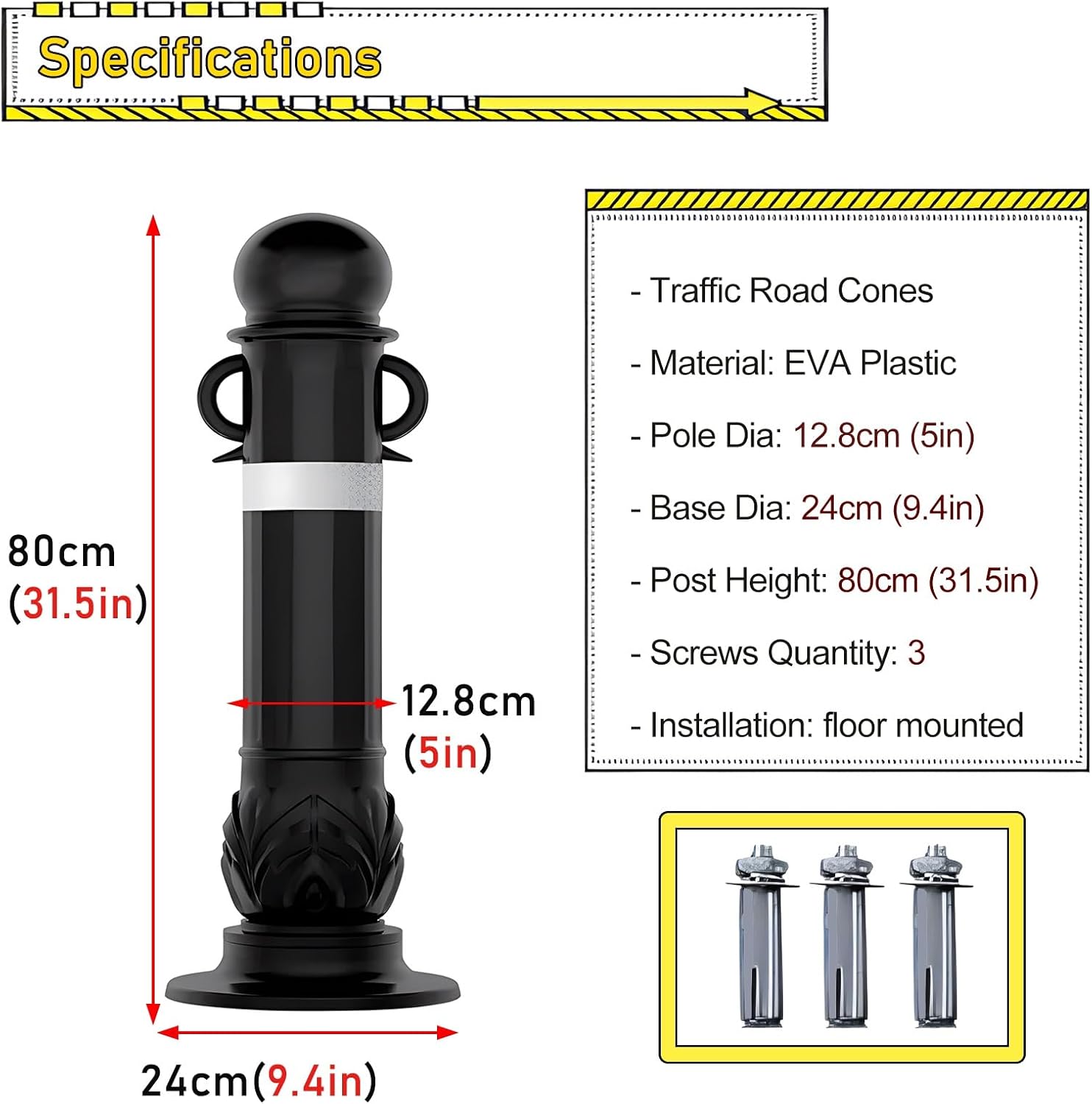 Safety Delineator Posts 32 Inch Flexible Plastic Traffic Cone with Handle, 2/5/7/9/11/14/18 Packs Parking Barrier Bollards Black for Outdoor Driveway Sidewalk Public