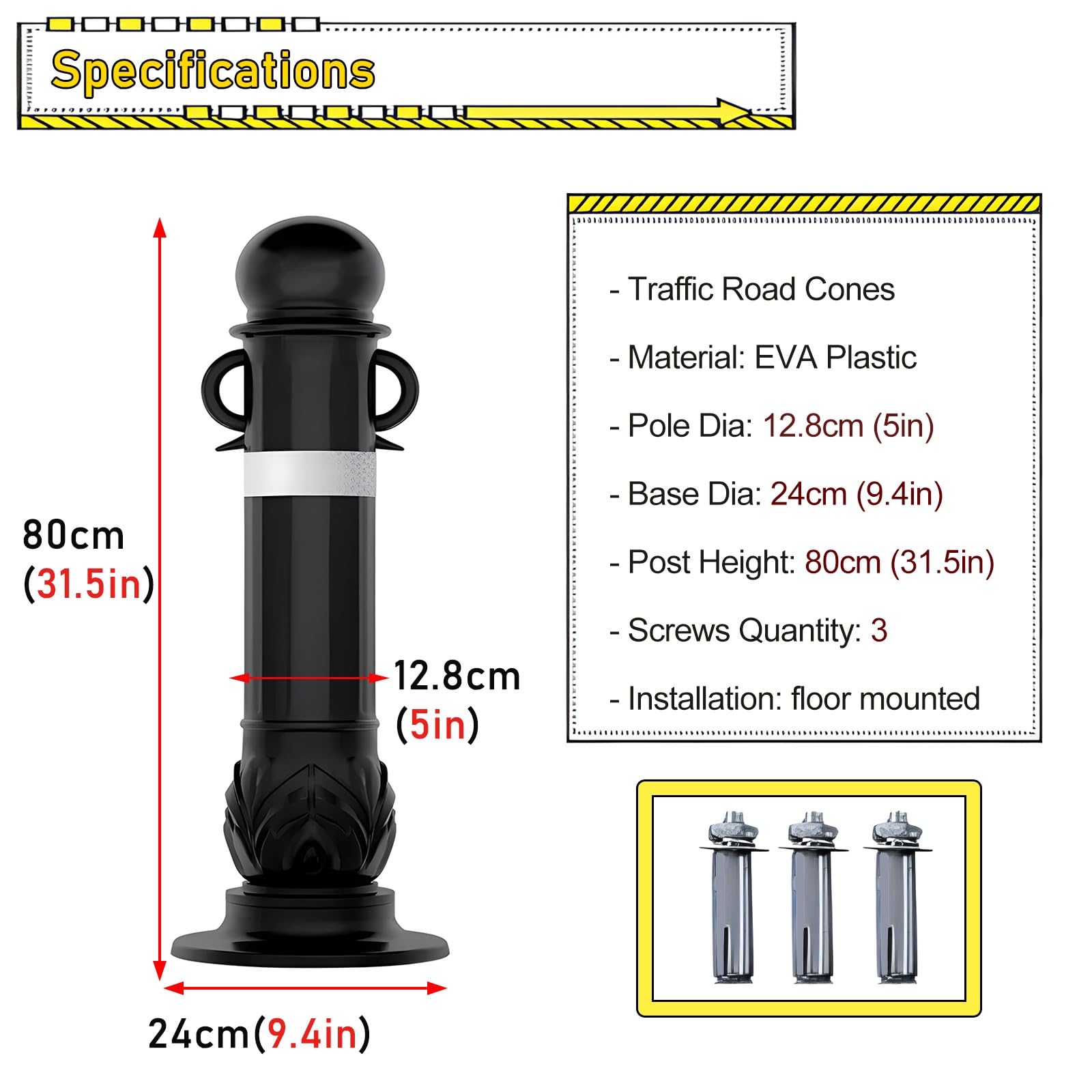 HDYZJQ Flexible Traffic Cone Delineator Post Black, Safety Bollard Post for Construction Sites, Facility Management, 80cm High Portable Parking Barrier Post with Expansion Bolts(1Pack)